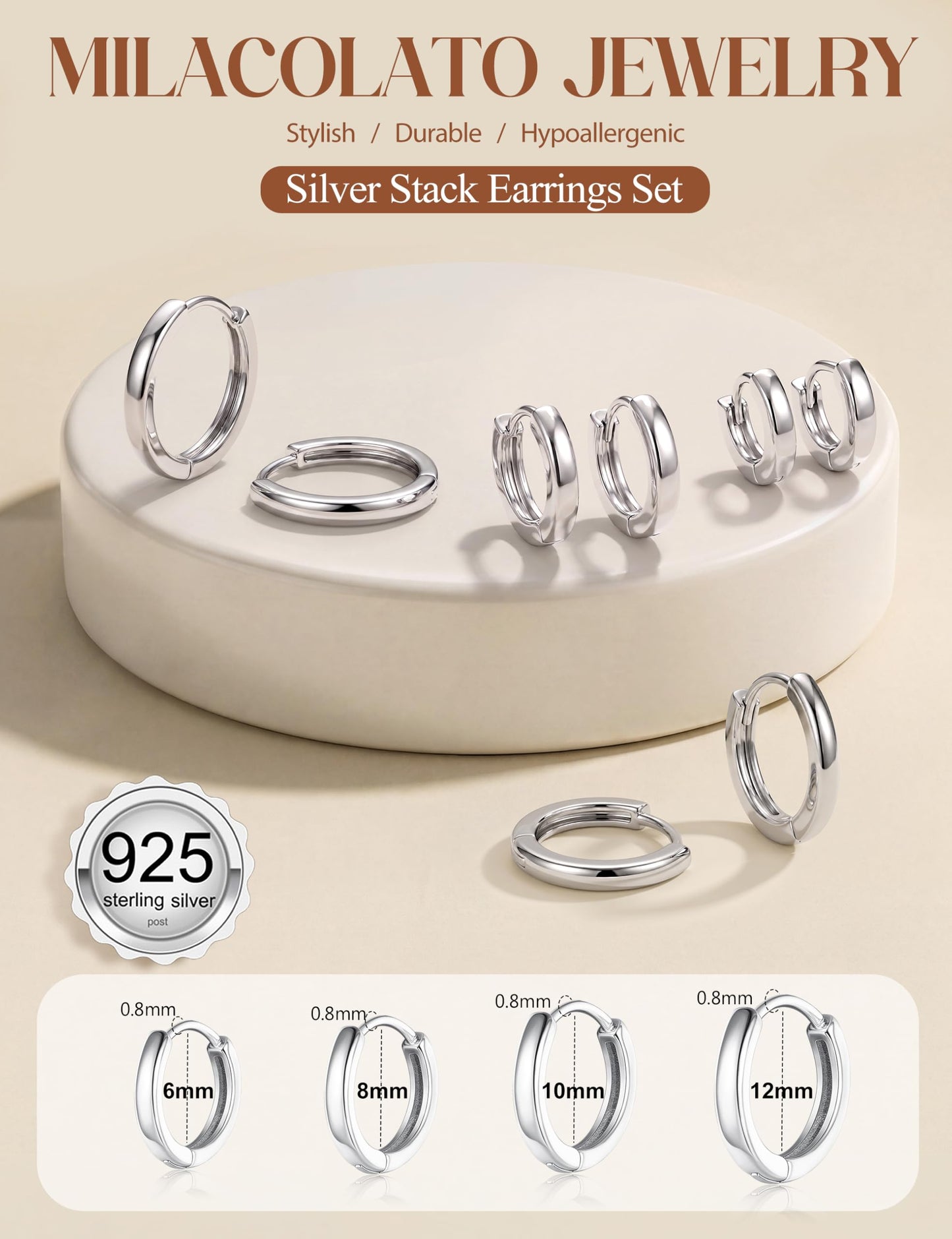 MILACOLATO 4 Pairs 925 Sterling Silver Earrings for Women, Sterling Silver Filled Small Huggie Hoop Earrings Sets for Multiple Piercing Hypoallergenic Jewelry, Cartilage Earrings Stacks