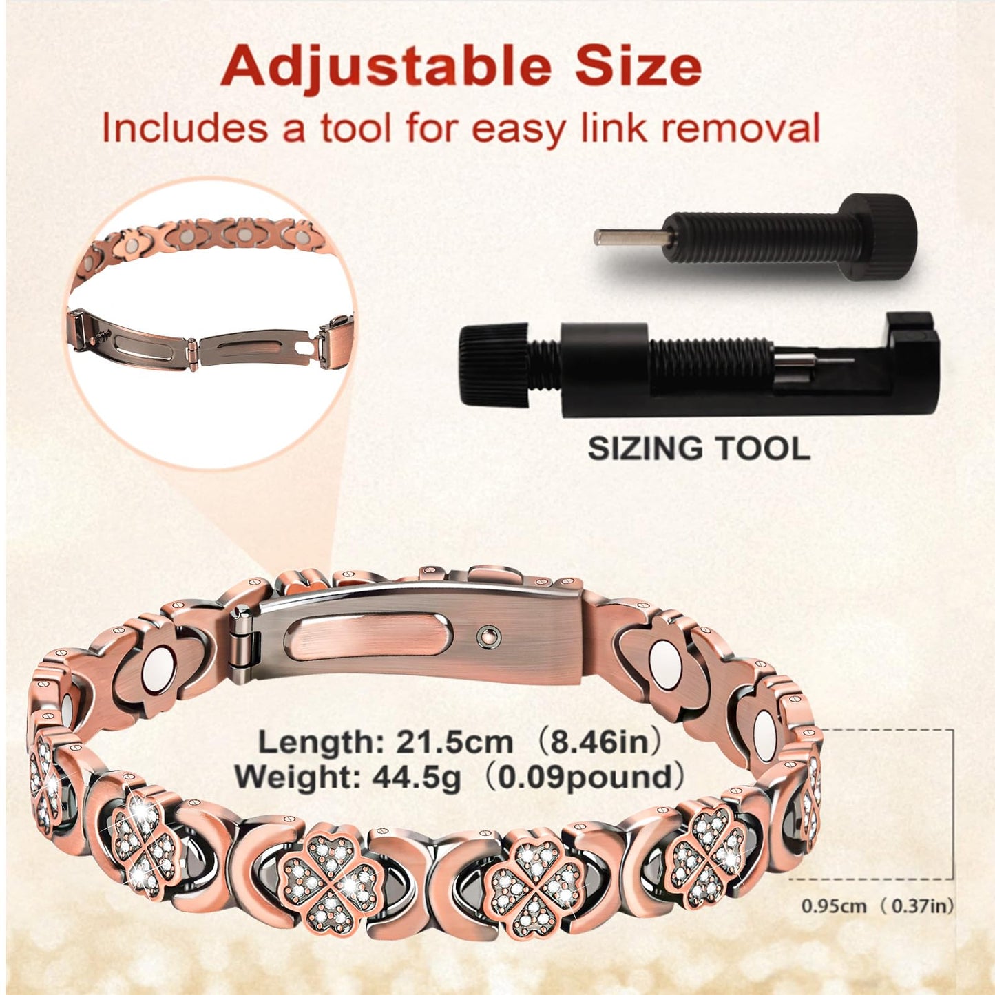 vapeples Copper Bracelets for Women, 3800 Gauss, 99% Pure Copper Magnetic Bracelet, Adjustable Sizing, Four-Leaf Clover Women's Bracelets with Sparkling Cubic Zirconia, Gift Packaging