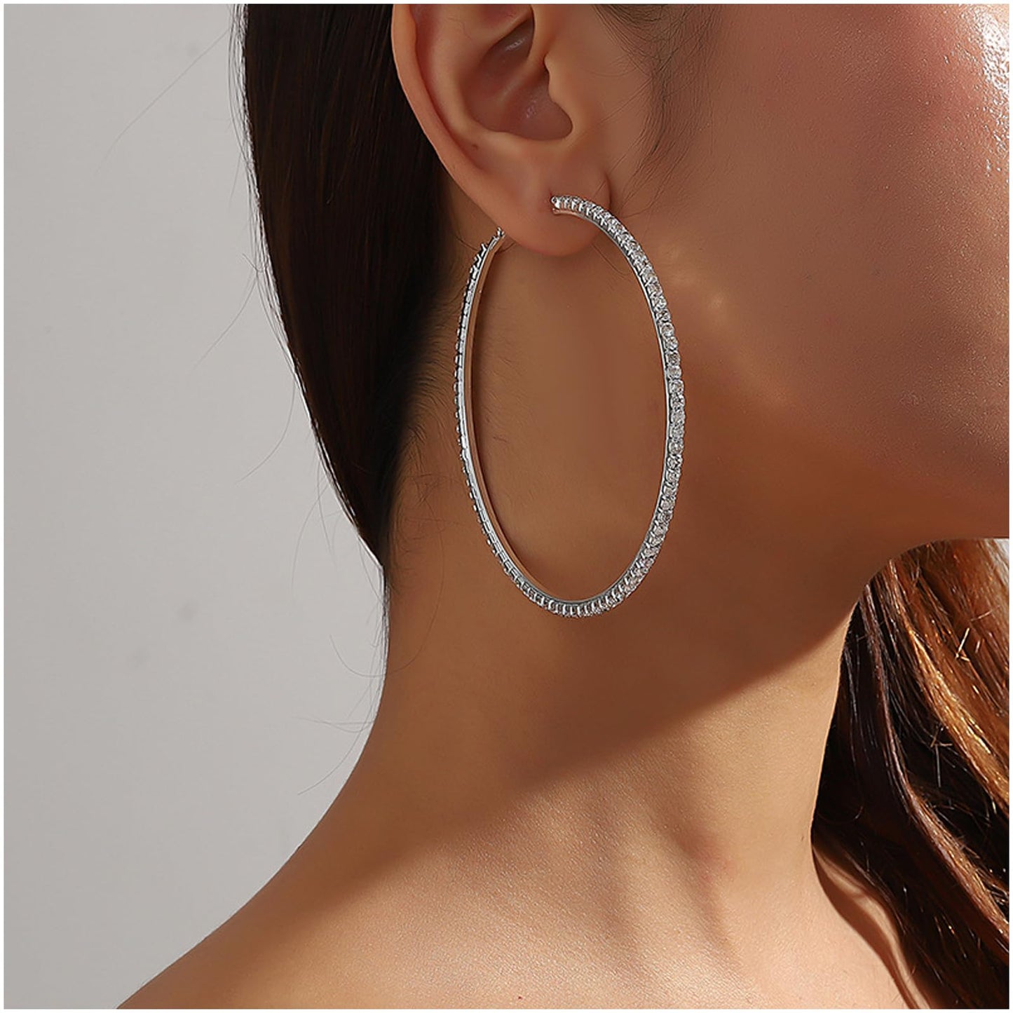 LULII Link Chain Necklace Bracelet Rhinestone Big Circle Hoop Earrings Set Bling Crystal Jewelry Set for Women