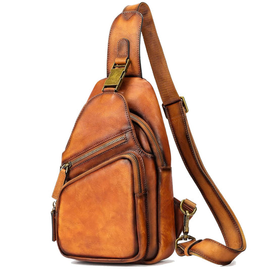 NIUCUNZH Genuine Leather Sling Bag Front Metal-Latch Crossbody Bags Handmade Vintage Chest Shoulder Backpack for Women Men Brown
