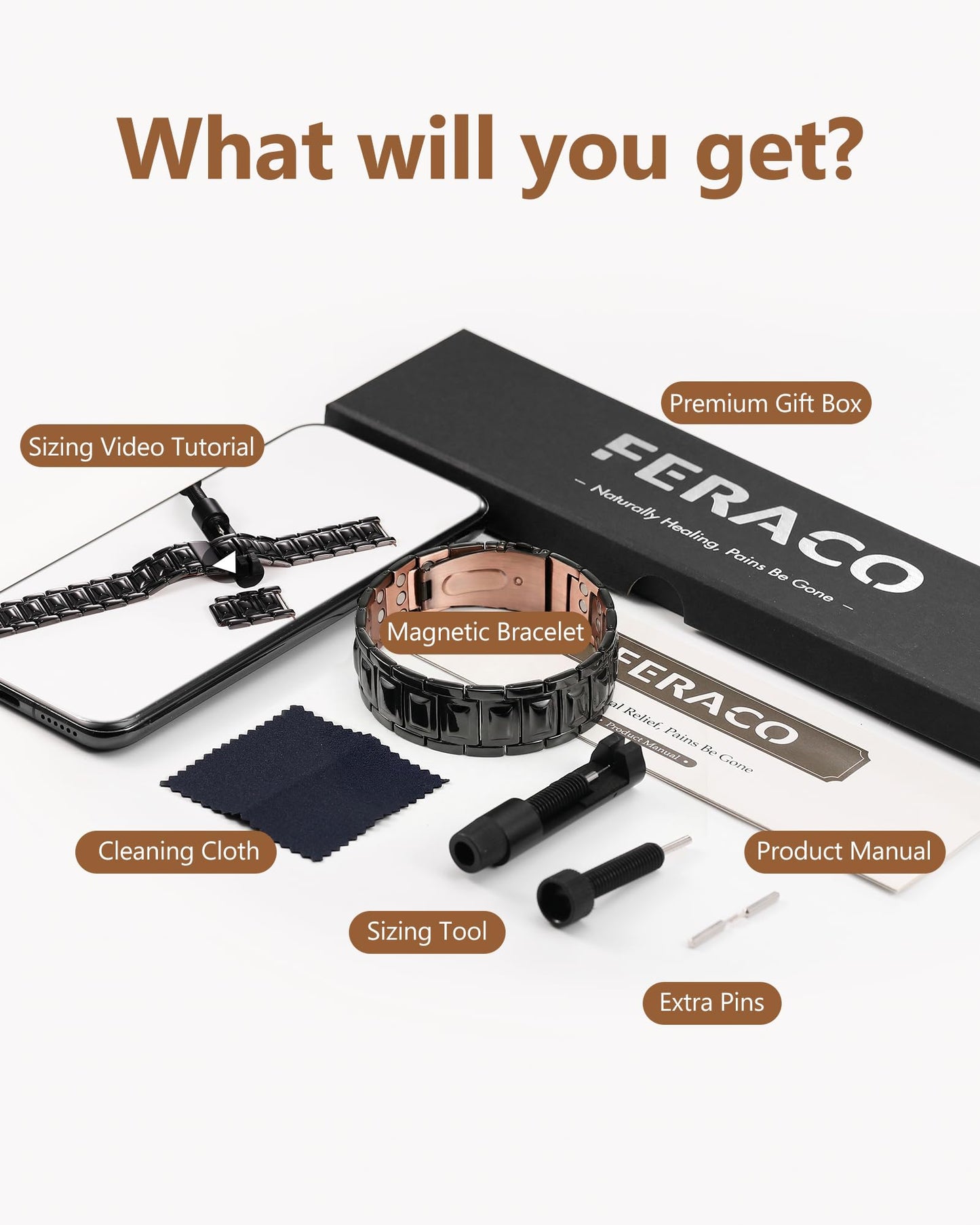 Feraco Copper Bracelet for Men 3X Strength,Magnetic Therapy Bracelet Copper Jewelry with Powerful 3800 Gauss Magnets,Cooper Bracelet for Man Black