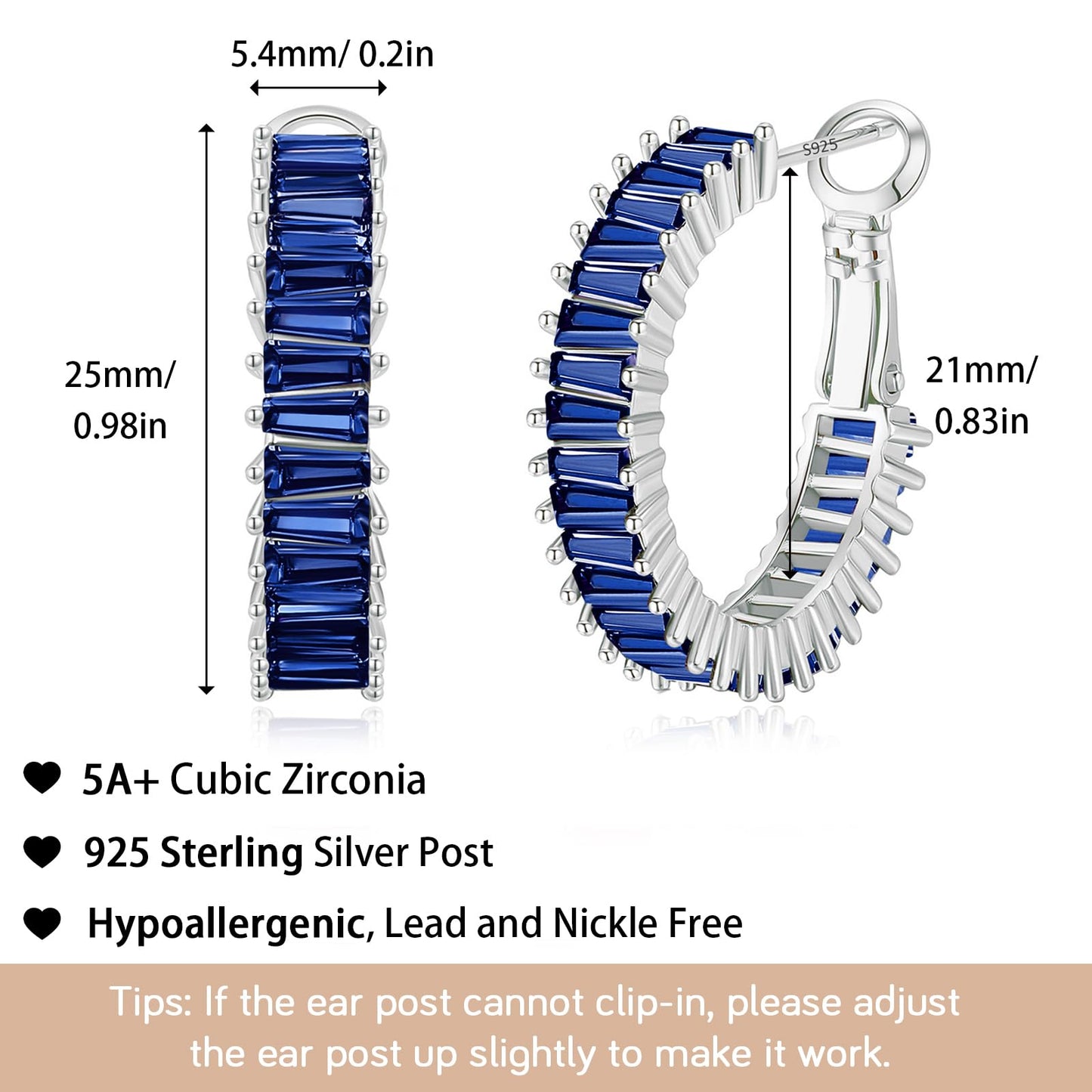 GLOQUAT Blue Sapphire Hoop Earrings White Gold Plated Sapphire Earrings for Women Vintage Baguette Cubic Zirconia Hoop Earring Fashion Round Circle Hoops Blue Jewelry for Women 25mm