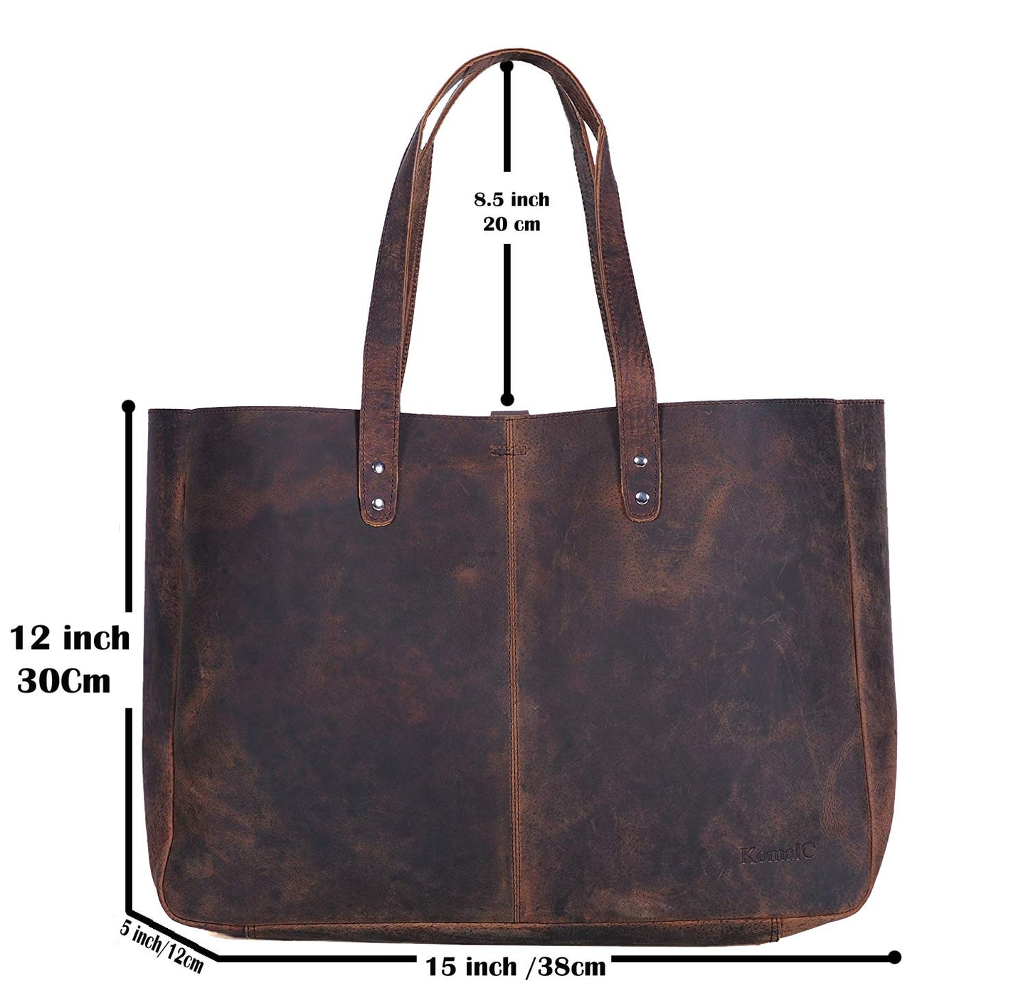 KomalC Leather Tote Bag for Women Purse Satchel Travel Bag shopping Carry Messenger Multipurpose Handbag (15 INCH, Buffalo Distressed Tan)