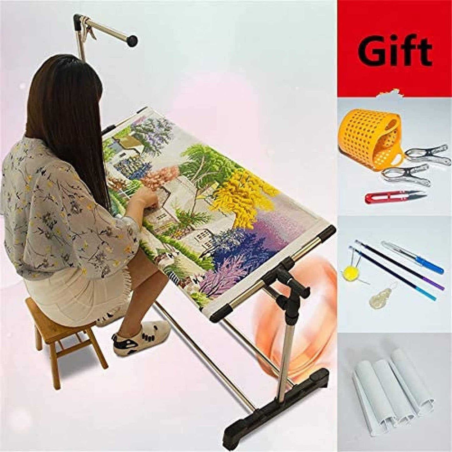 ELUKHT Adjustable Needlework Floor Frame for Cross Stitch and Embroidery, Standing Craft Stand and Lap Table for Sewing and Art, Convenient Holder for Creative Projects.
