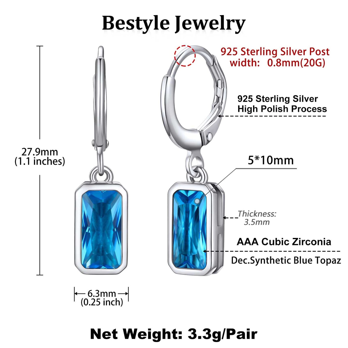 Bestyle Created Blue Topaz Drop Birthstone Earrings for Women Girls - Small Silver Baguette Dangle Earrings for Sensitive Ears