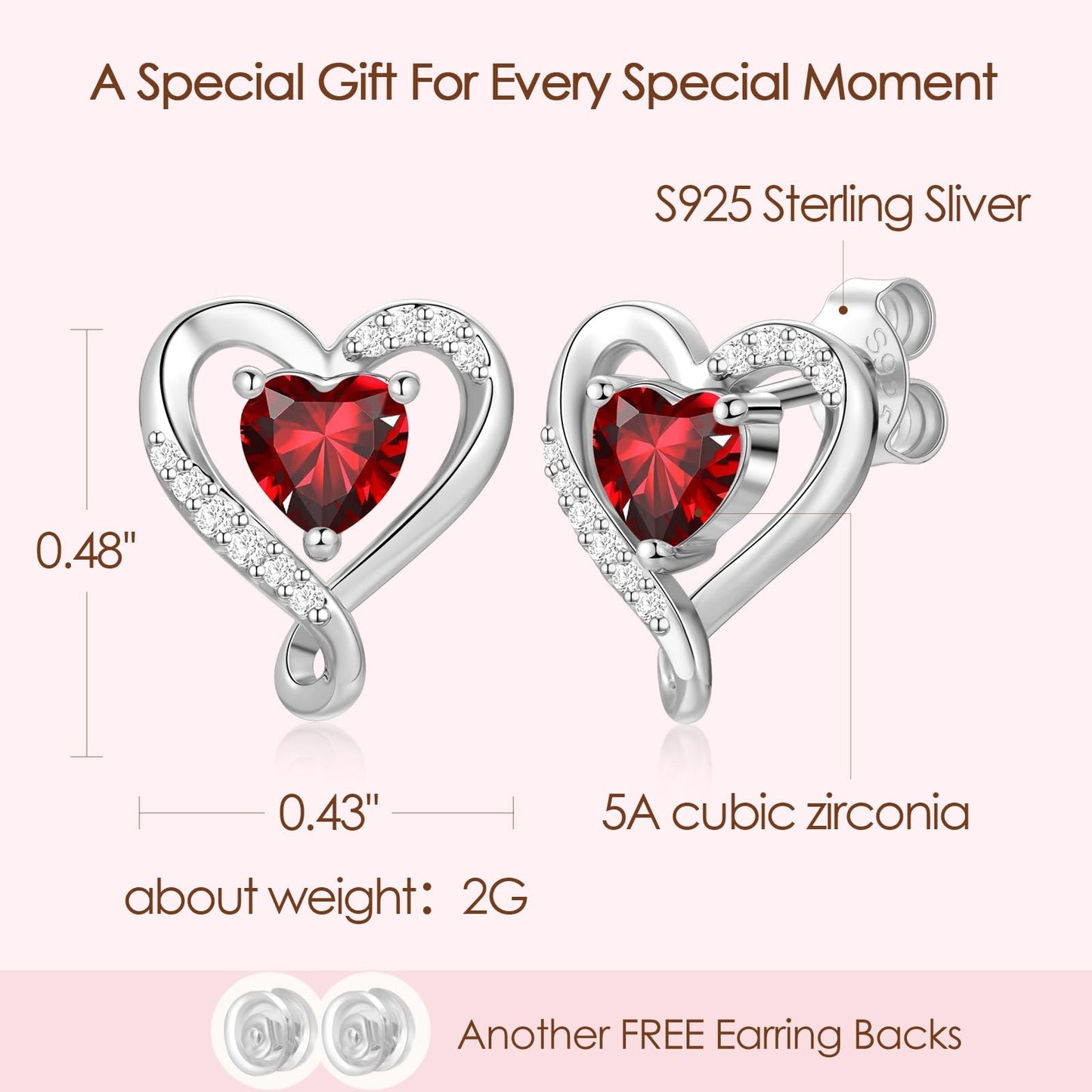 Zifeel Earrings for Women, 925 Sterling Silver Birthstone Heart Studs Earring for Girlfriend Wife, Anniversary Birthday Christmas Valentines Mother’s Day Gifts Jewelry for Women Wife Her Mom