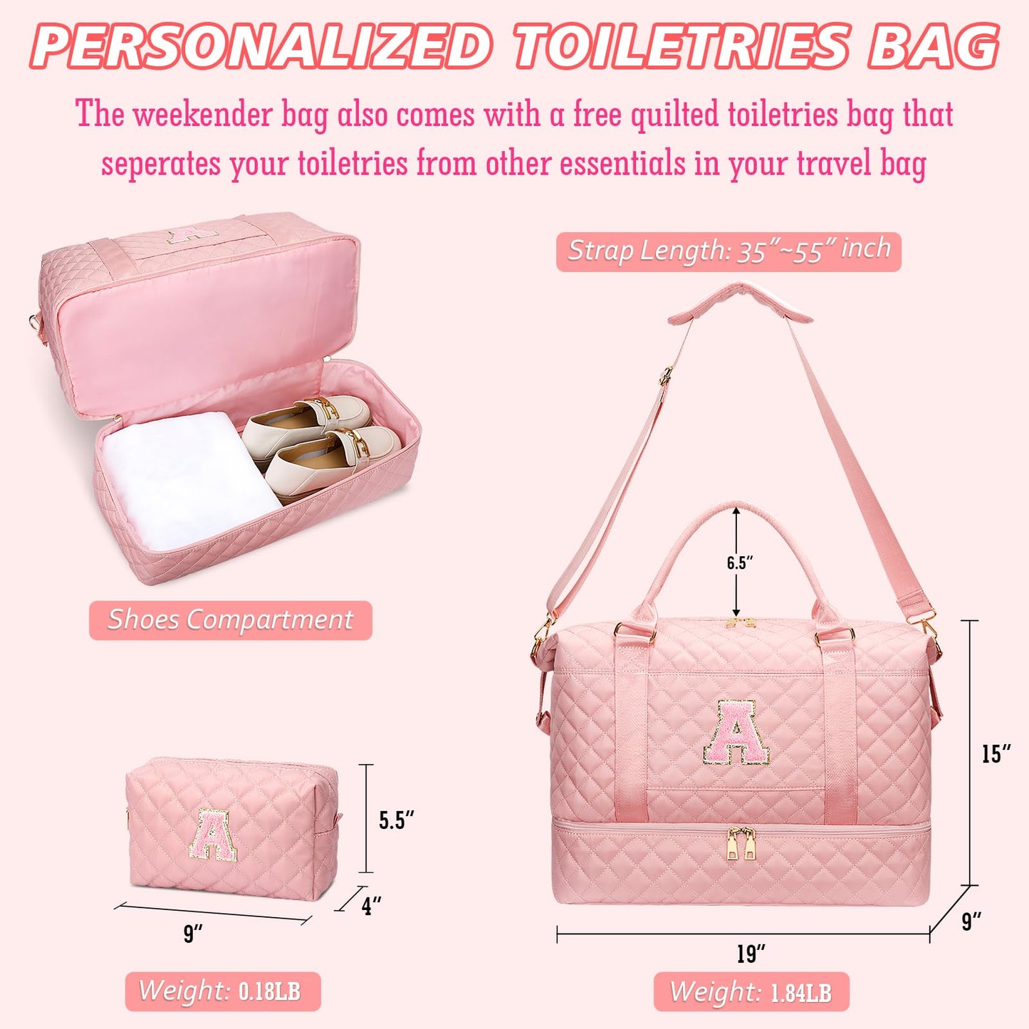 CLOUDWINGS Graduation Gift for Her Women Gift-Birthday Gifts Initial Travel Duffle Bag Quilted Weekender Carry-On Overnight with Cosmetic Bag, Gym Bag with Shoe Compartment Personalized Bag, Pink A