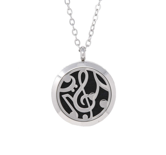 Aromatherapy Essential Oil Diffuser Stainless Steel 30MM Silver Magnetic Locket Pendant 2 Sizes Chain Necklace, Refill Pads & Diffuser Bracelet in a Velvet Bag (Music2)