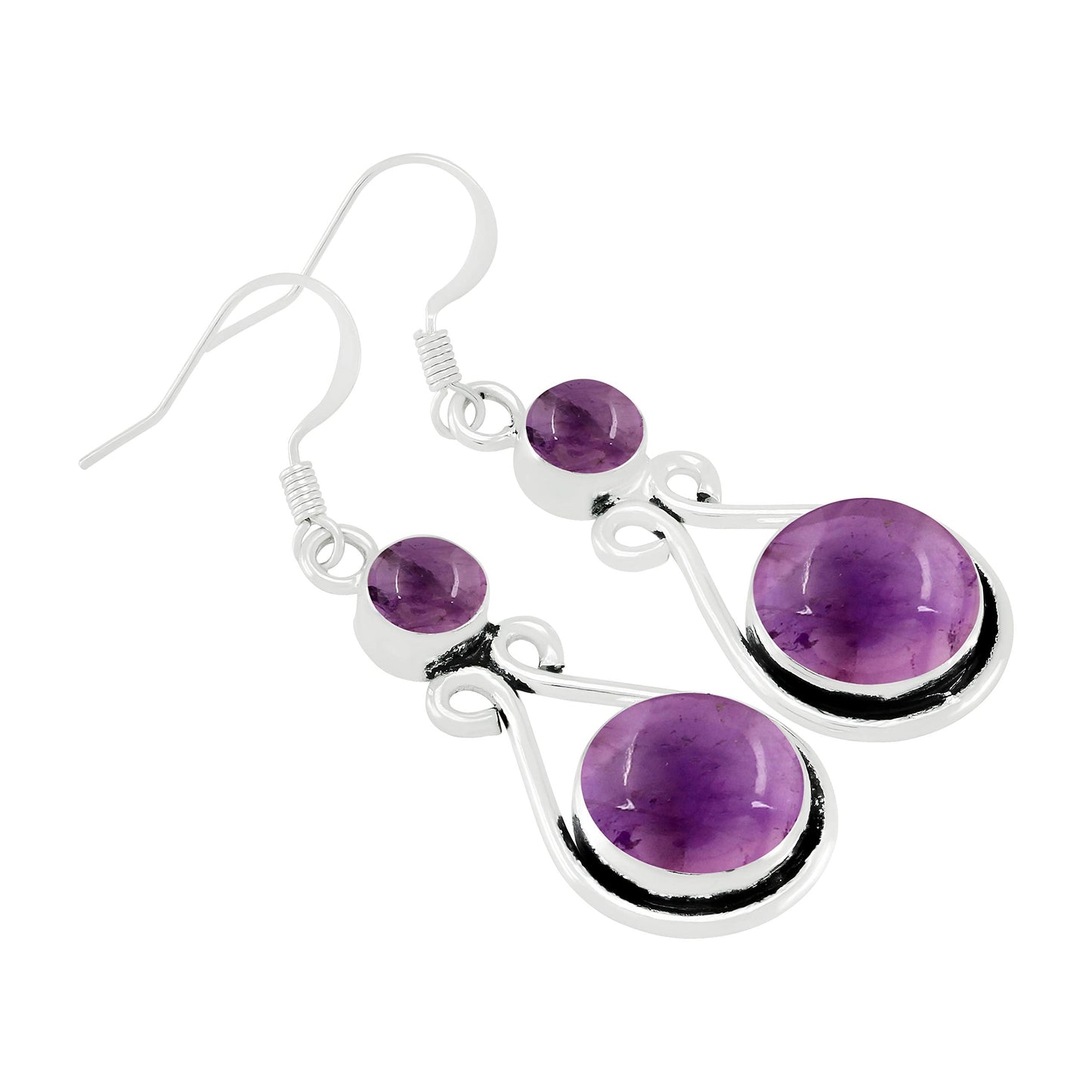 Natural Amethyst Silver Plated Dangle Earrings for Women - February Birthstone Round Gemstones Drop Earrings Handmade Jewelry - Valentine's Day Gift for Love