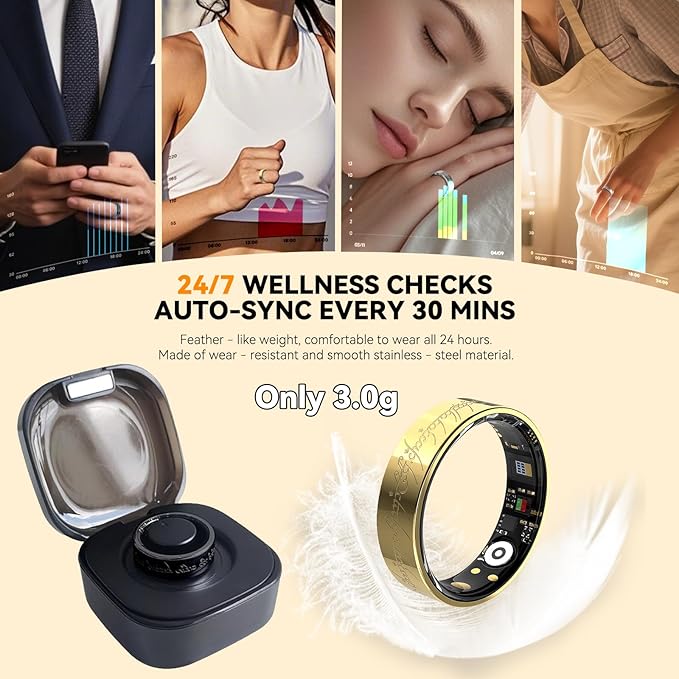 Ultra Smart Ring for Women Men,Health Fitness Tracker with Sleep/Blood Pressure/Oxygen Monitoring, Heart Rate & Activity Tracking,IP68 Waterproof, 5+Day Battery,No Subscription Fee 1-Gold 9
