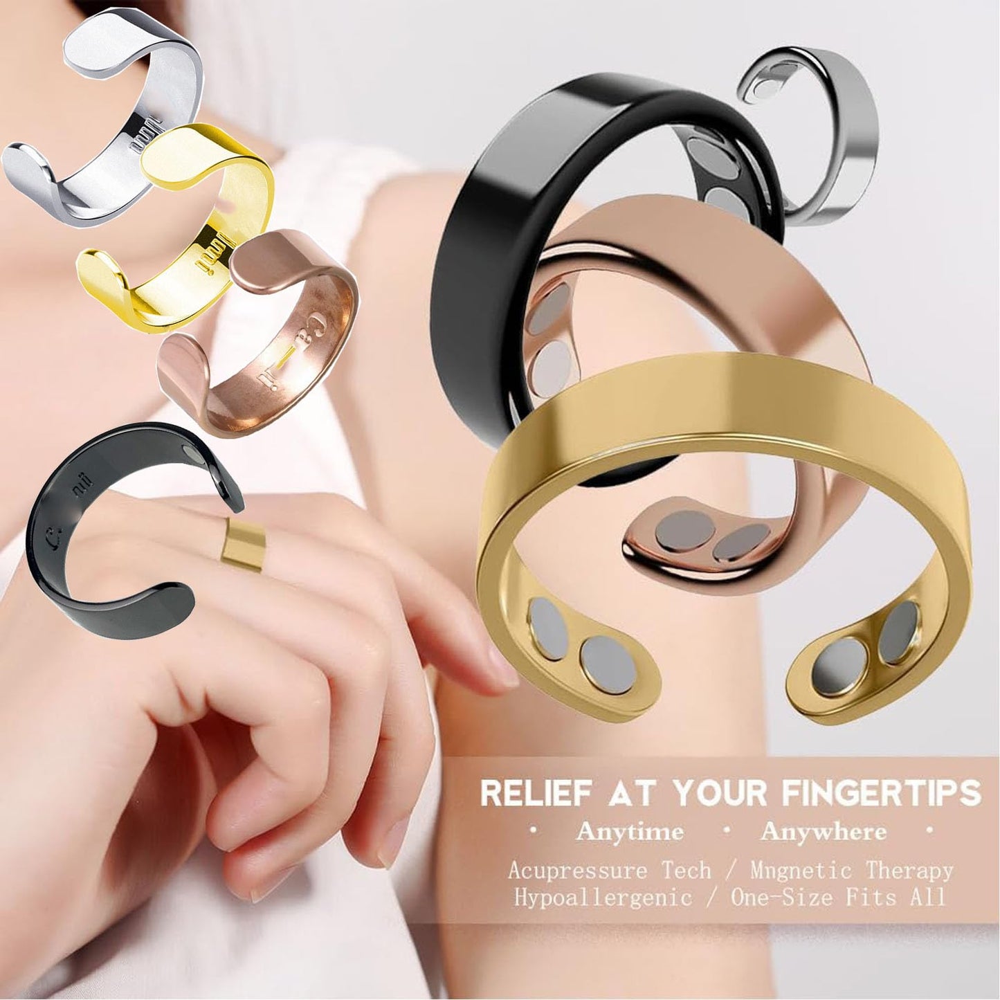 ZCVFA Refined Magnc Stainless Steel Auvulis Migraine Ring Magtherapy Lymphatic Drainage Rings Lymph Nodes Acupuncture Therapy Anti Snoring Rings Migraine Relief Health Jewelry for Men and Women(Gold)