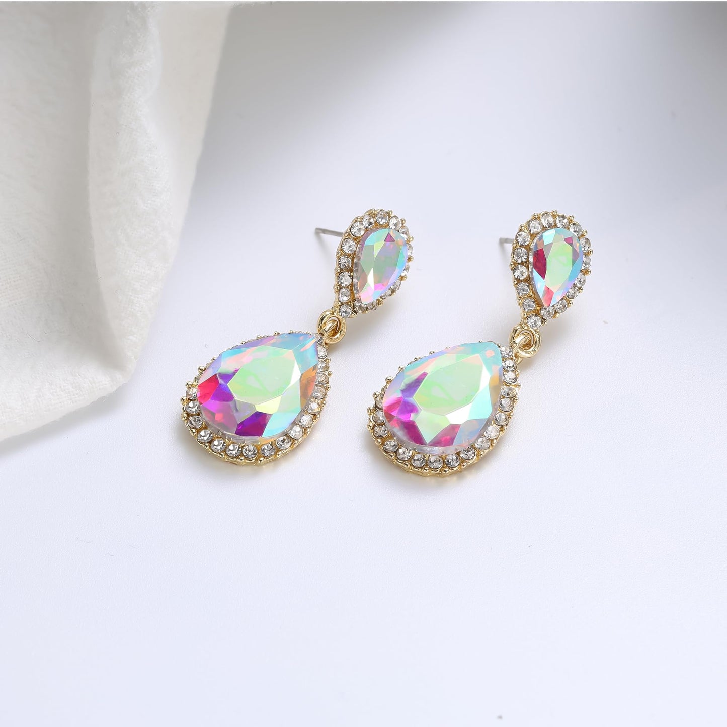EVER FAITH Women's Austrian Crystal Wedding Tear Drop Dangle Earrings Iridescent AB Gold-Plated-Base