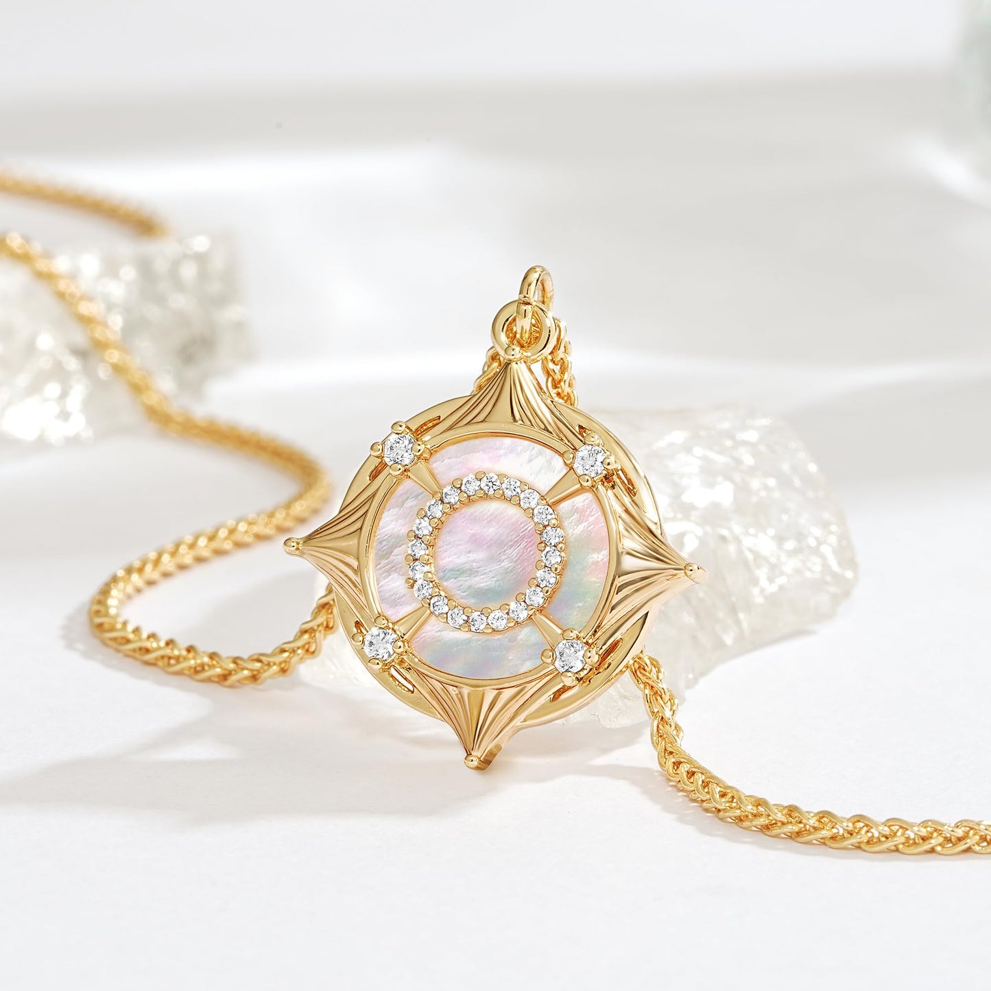 Fettero Dainty MOP Necklaces for Women, 14K Gold Plated Compass Pendant Cute Charm Neclace Delicate Pearl Beach Gold Necklace for Women Jewelry Gift