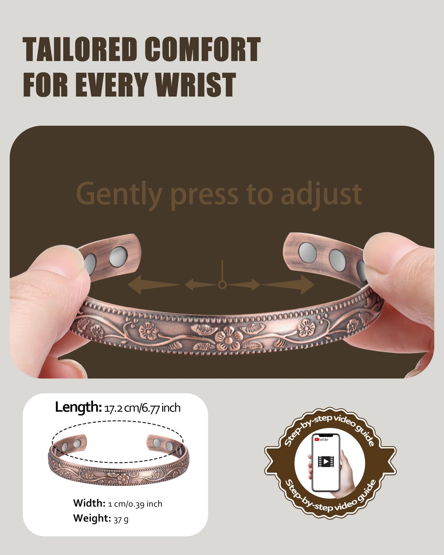 Jecanori 2Pcs Magnetic Copper Bracelets for Women, Vintage Flower 99.99% Pure Copper Bracelets with 3500 Gauss Magnets