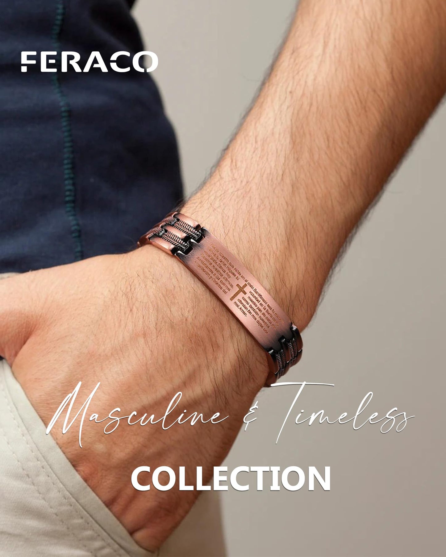 Feraco Copper Cross Bracelet for Men,Magnetic Therapy Cooper Bracelets with Magnets, Men's 99.99% Pure Copper Jewelry