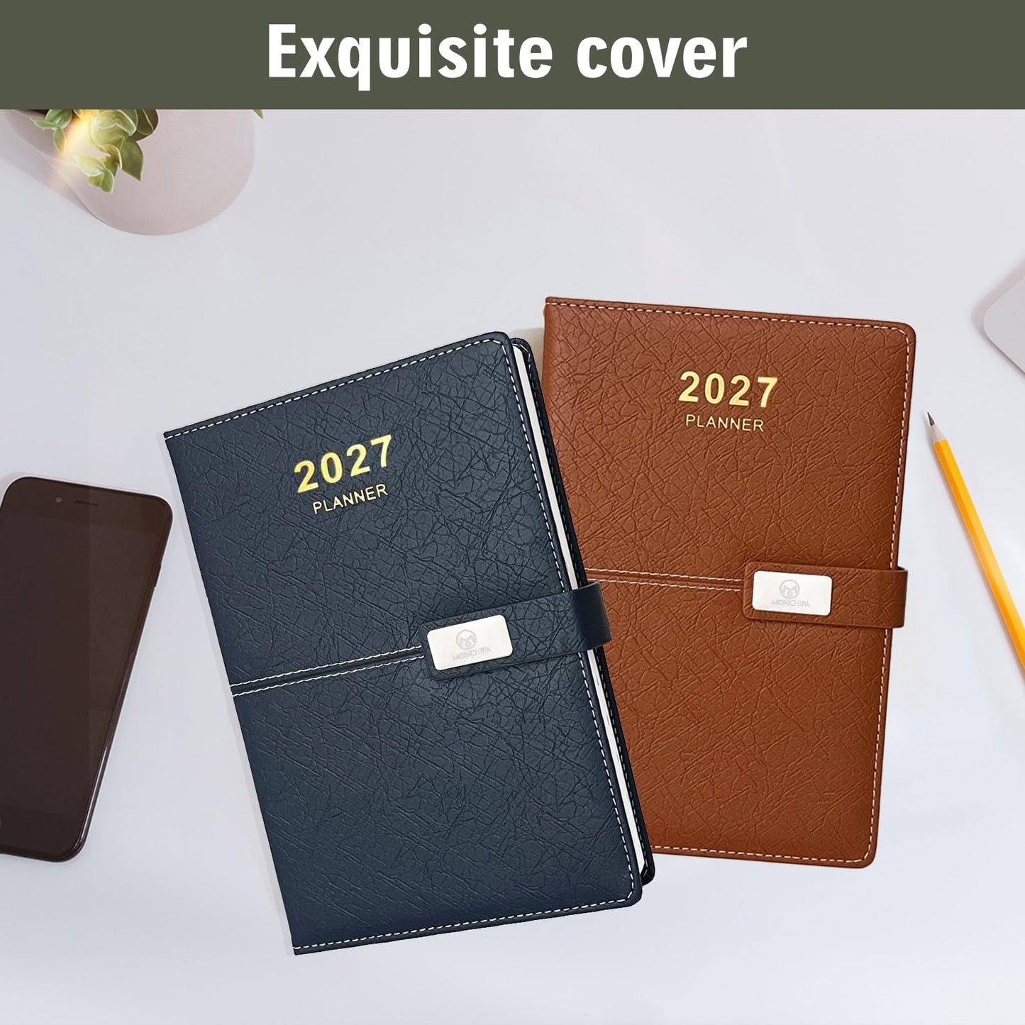 2027 Daily Planner - One Page per Day, 2027 Hourly Daily Calendar(Jan-Dec 2027), 5.7" x 8.26" Appointment Book, Leather Cover + Thick Paper (Black)
