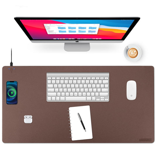 Wireless Charging Desk Mat with Desk Pad for Desktop Charging Large Mouse Pad Waterproof Leather Computer Mat Mouse Pad Non-Slip Protector on Top of Desks for Keyboard and Mouse (brown-l, 32*16inch)