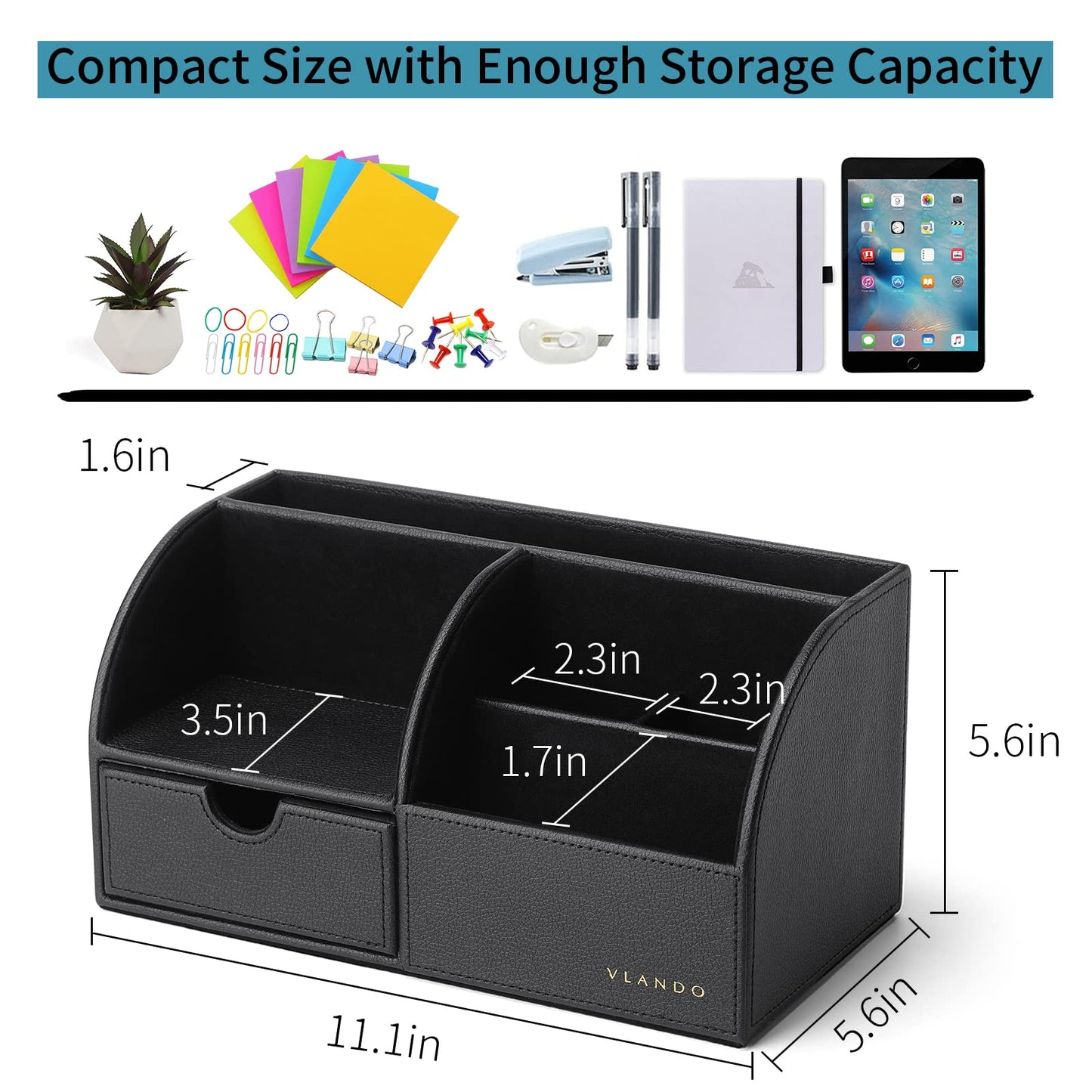 Vlando Office Desk Organizer Leather Desktop Organizer Caddy with Drawer for Storing Desktop Supplies and Accessories (Black)