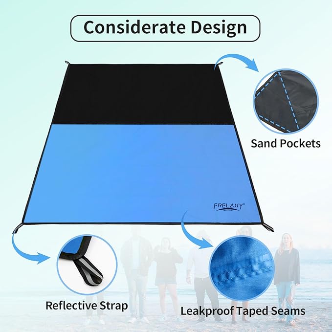 Frelaxy Pocket Picnic Blanket, Waterproof Sandproof Beach Mat, Compact Camping Tarp for Festivals, Hiking, Travel, Outdoor Recreation (Blue, 28'' x 47'')