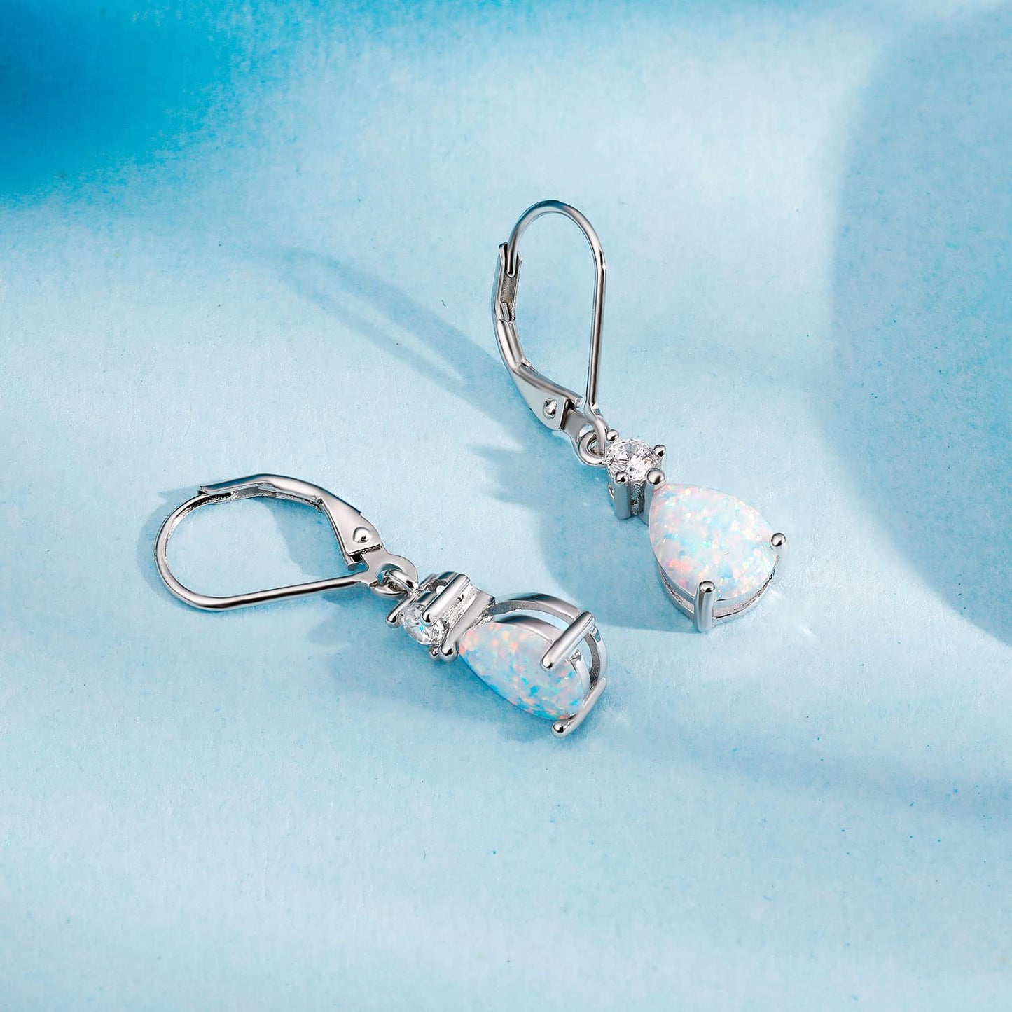 925 Sterling Silver Created White Fire Opal Birthstone Teardrop Earrings Drop Dangly Earring Leverback Hypoallergenic Jewelry for Women