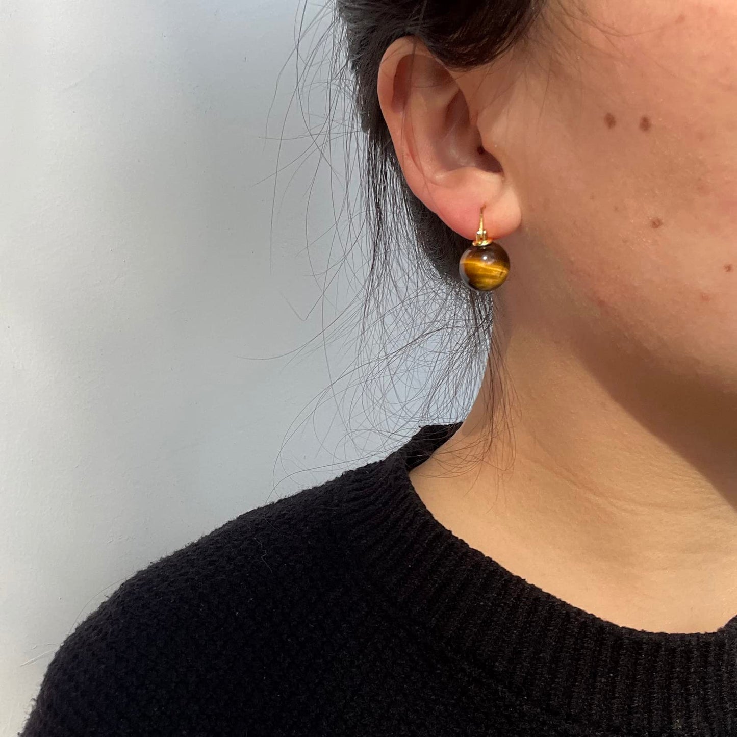 OwMell Elegant 925 Sterling Silver Pearl Drop Earrings Dangle Stud Gold Plated Earrings for Women Large Size 12mm - Tiger's Eye