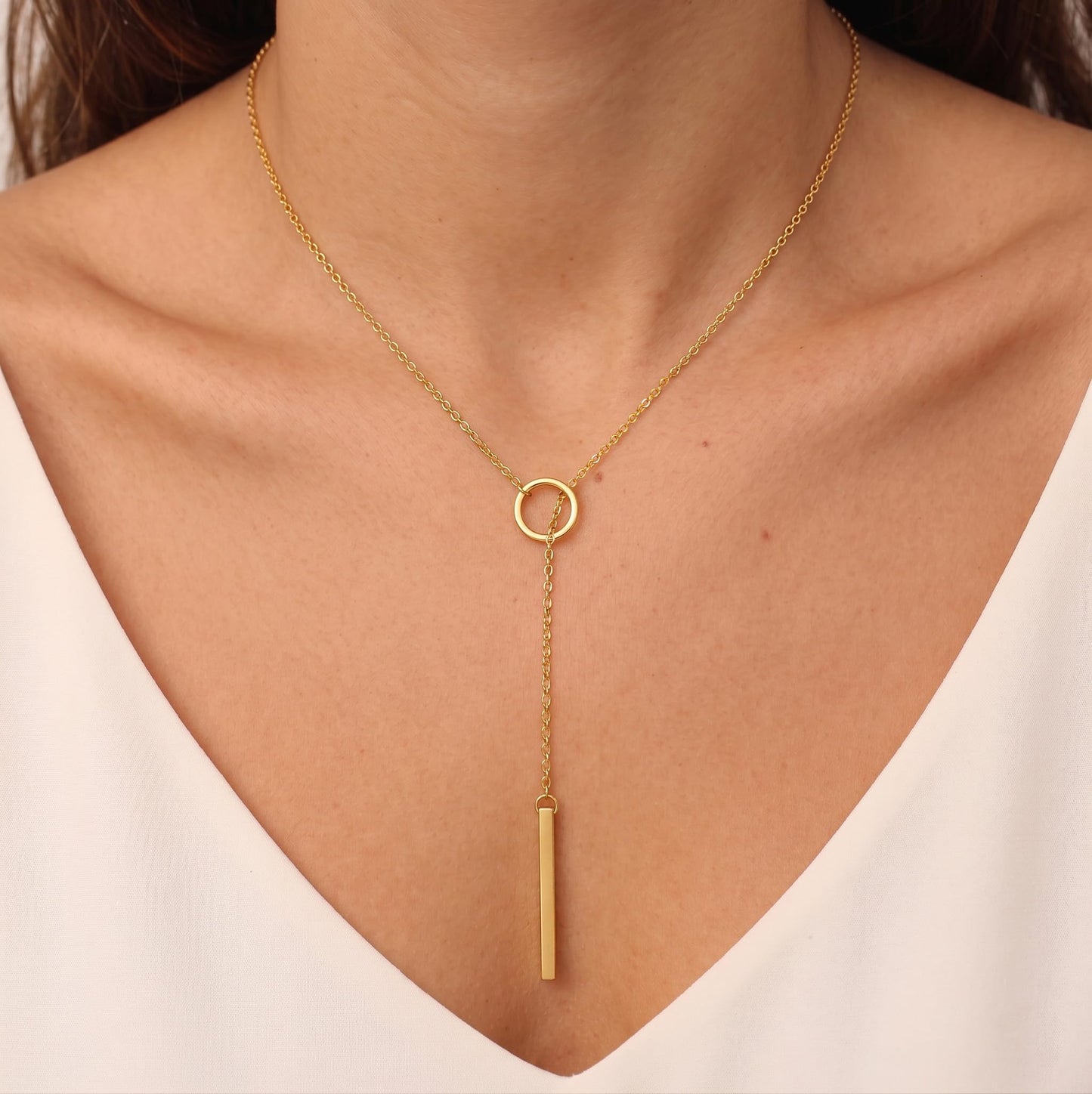 Tewiky Circle Bar Necklace for Women, Dainty Gold Lariat Necklace 14k Gold Drop Y Necklace Simple Gold Necklaces for Women Trendy Delicate Gold Necklaces Aesthetic Jewelry for Women