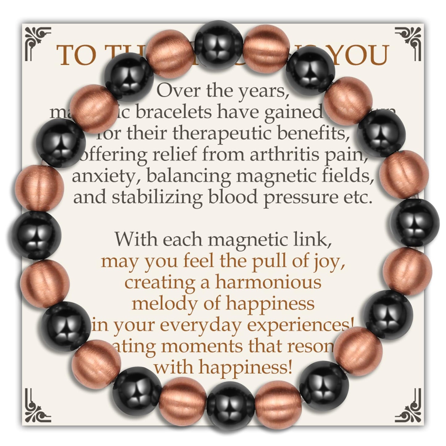 Feraco Pure Copper Magnetic Bead Bracelet for Men Women, 8mm 99.99% Solid Copper & 3500 Gauss Magnetic Hematite Beads, Unisex Stretch Wristband, Gift-Ready Jewelry