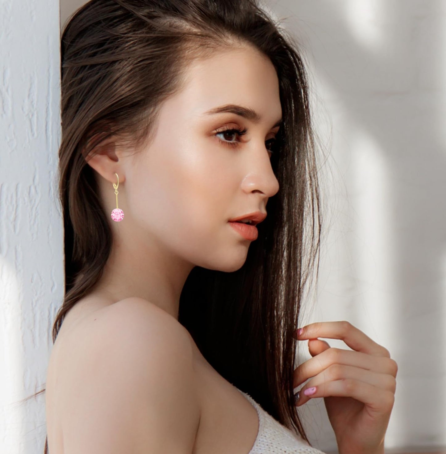 VONSSY Gemstone Drop Dangle Earrings | Platinum/Gold Plated Leverback Crystal Cubic Zirconia Hanging Red/Pink/Blue Earrings (Pink-Gold)