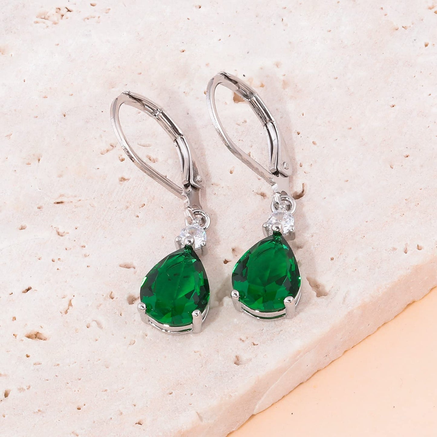 CiNily Leverback Dangle Earrings for Women 14K White Gold Plated Drop Earrings Green Cubic Zircon Fashion Teardrop Hoop Earrings Hypoallergenic Mothers Day Jewelry