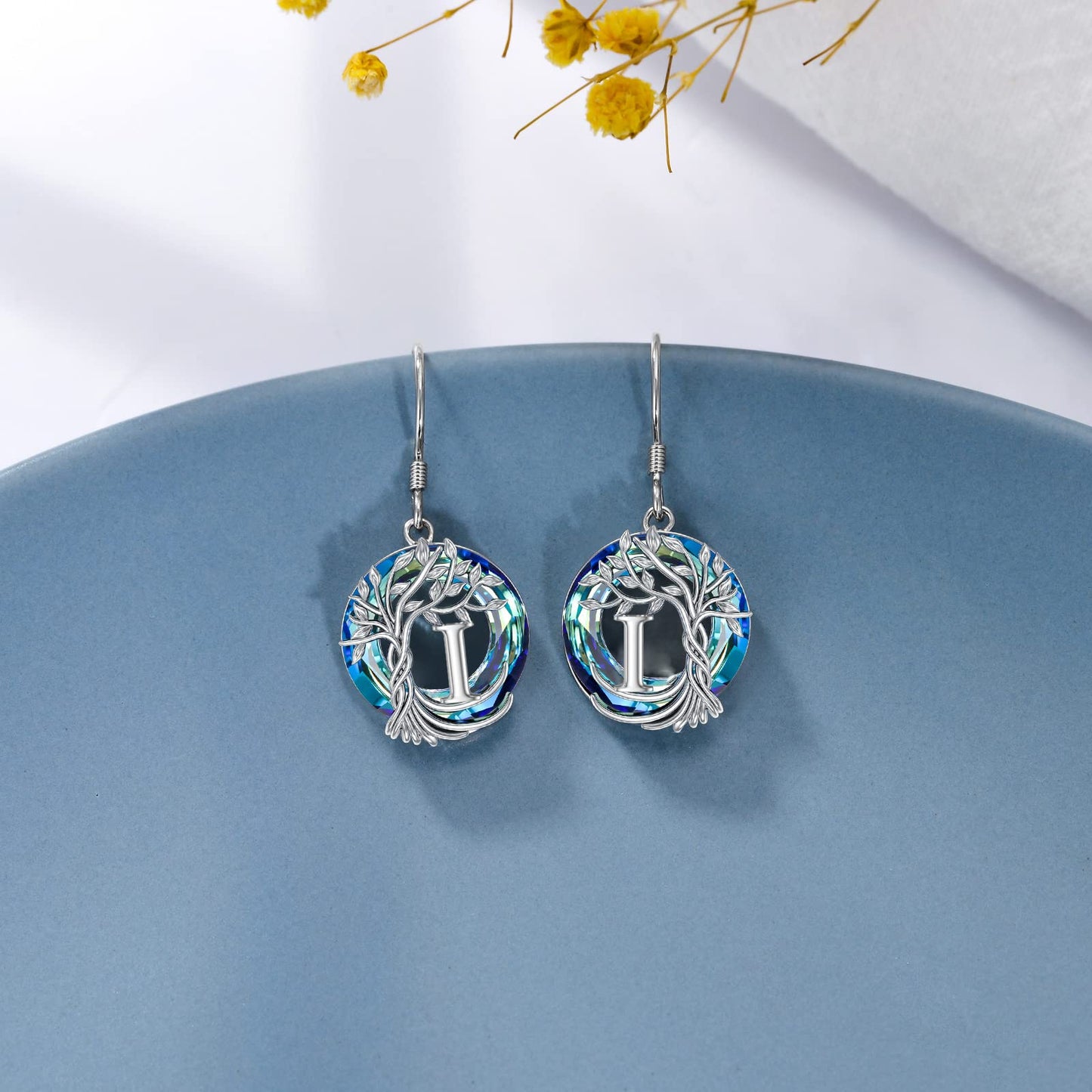 TOUPOP Tree of Life Initial Earrings Sterling Silver Initial I Letter Drop Dangle Earrings Blue Circle Crystal Family Tree Jewelry Birthday Mothers Day Gifts for Women Mom Her