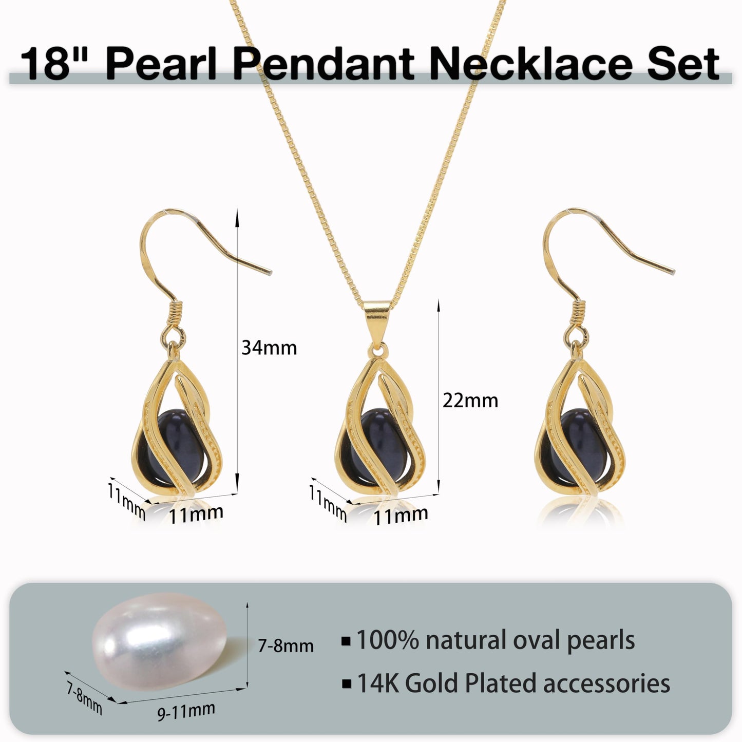 HENGSHENG Pearl Jewelry Set For Women 14K Gold Plated Necklace & Earrings Set Freshwater Pearl Pendant Cage Set for Wedding Anniversary Prom Birthday Gift - Golden Black