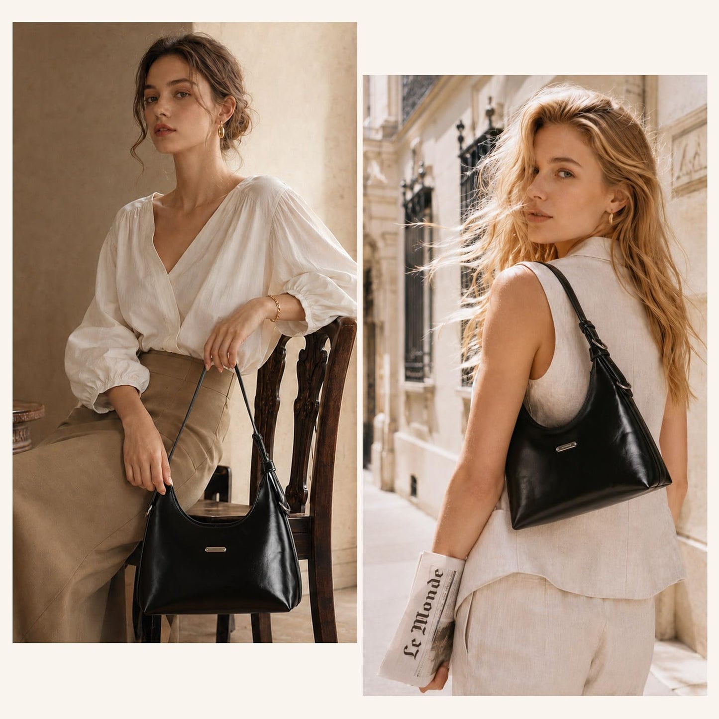 FGZ Womens Hobo Bag,Soft Vegan Leather Shoulder Bag Purse with Matching Pouch Ideal for Work,Shopping,Daily Use（Black）