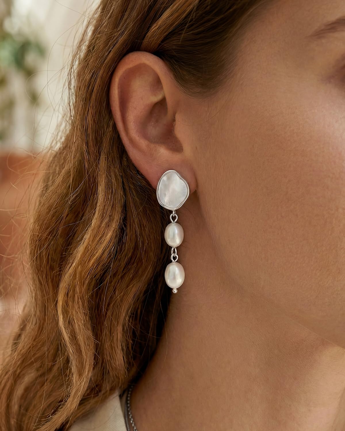 PRTGL Pearl Earrings - Silver 14 White Gold Plated Irregular Mother of Pearl Drop Dangle Earrings for Women Wedding Bridal
