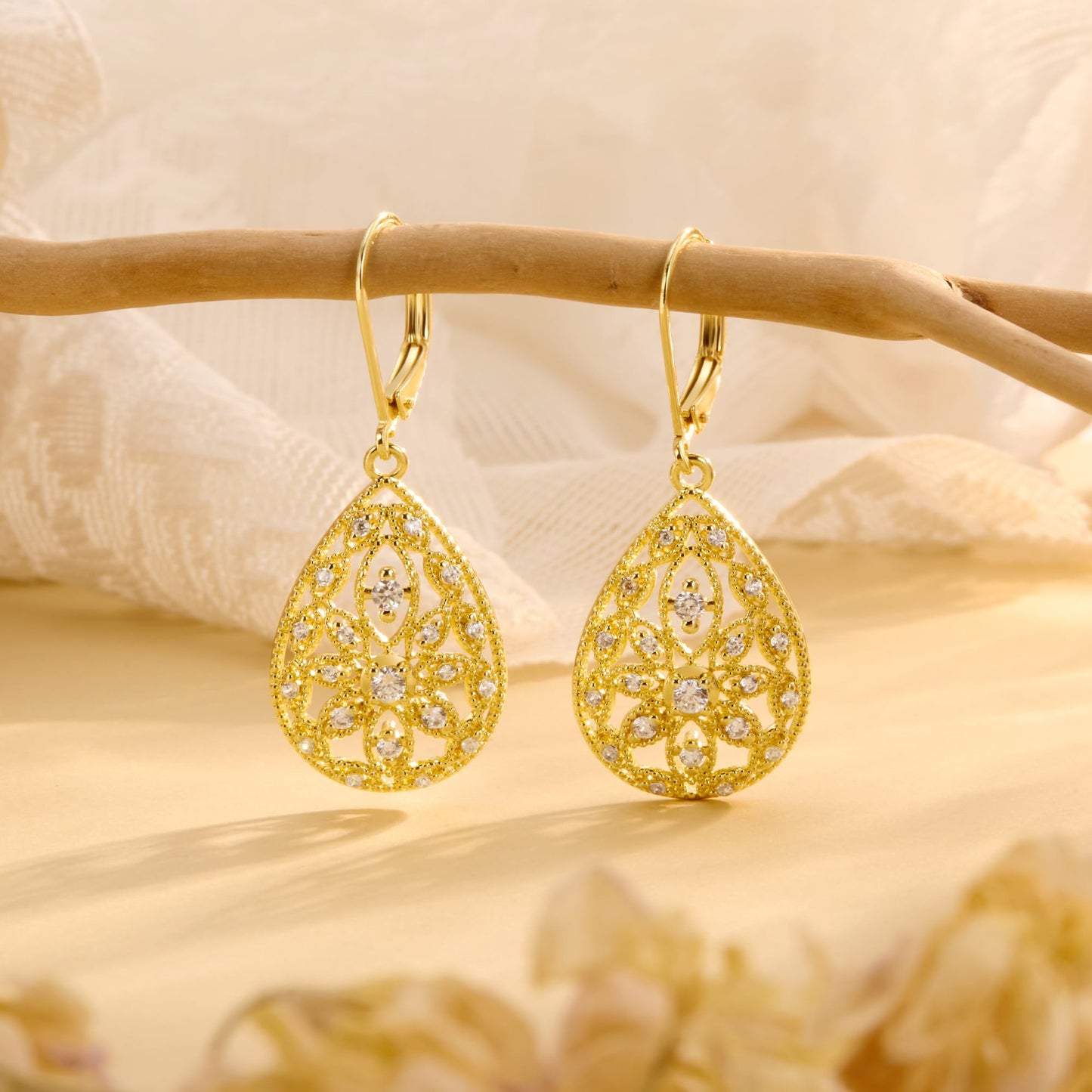 14K Gold Earrings for Women Trendy Filigree Teardrop Dangle Earrings Gold Hypoallergenic Leverback Cubic Zirconia Drop Earring for Jewelry Gifts