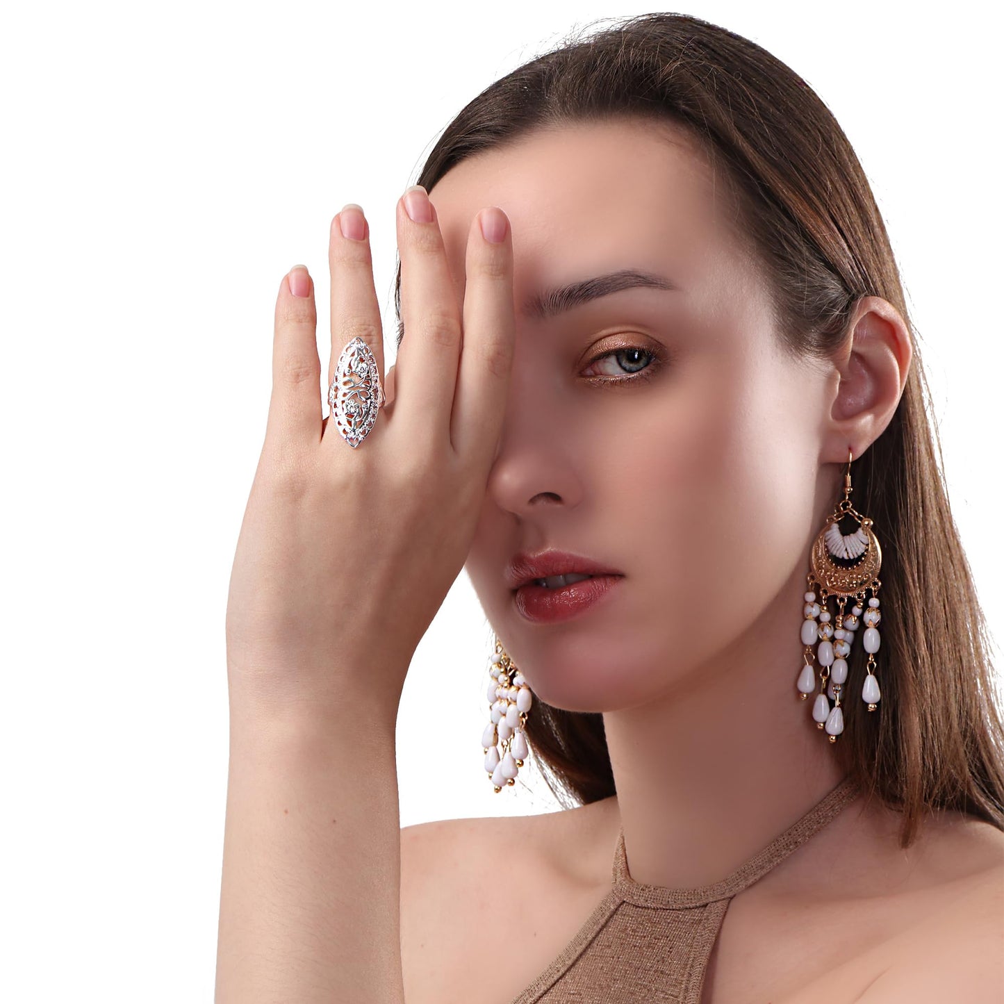 QOBEBOTA Silver Rings for Women Summer Boho Rings Big Thumb Ring Trendy Full Finger Rings Wide Band Womens Rings for Cocktail Party Birthday Gifts Size 9 Statement Rings for Women