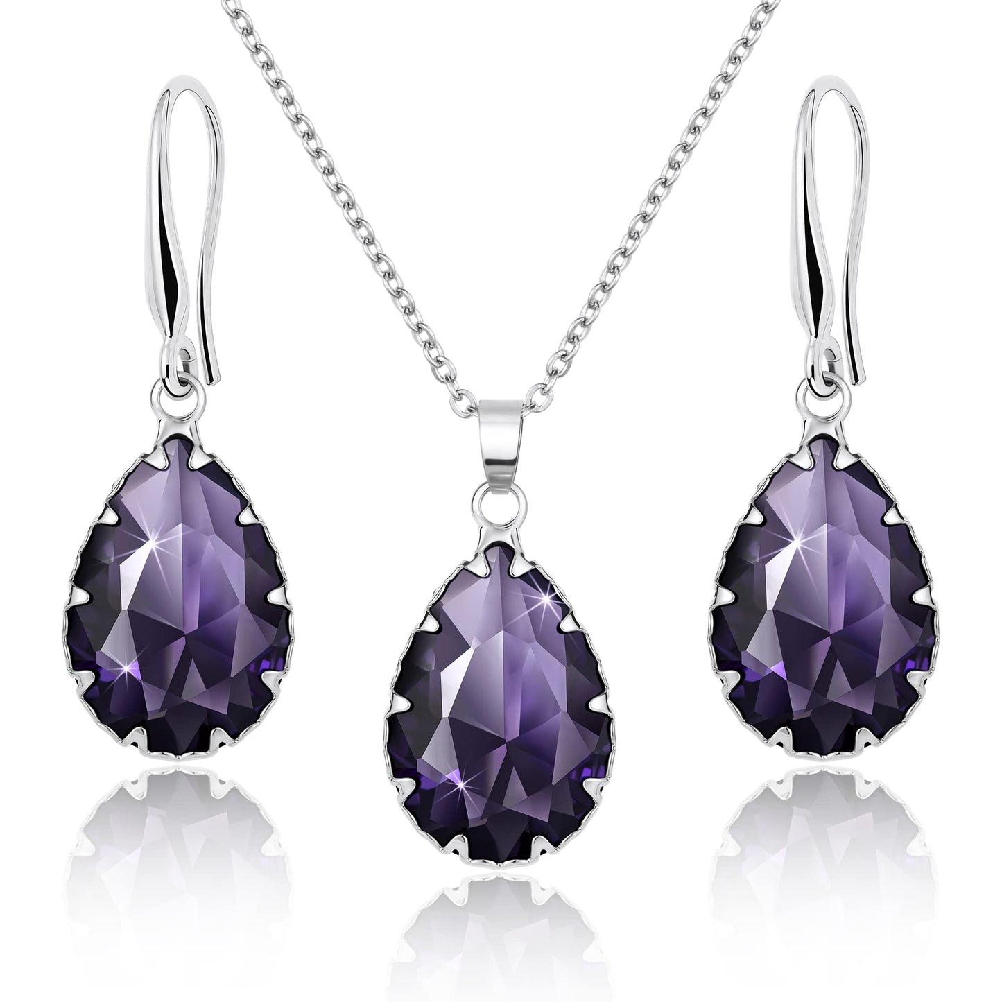 Linawe Amethyst Crystal Purple Pendant Necklace, Silver Jewelry Set, Lavender Imitation Diamond Rhinestone Dangle Earrings, Boho Wedding Jewelry Teardrop Cubic Zirconia Birthstone