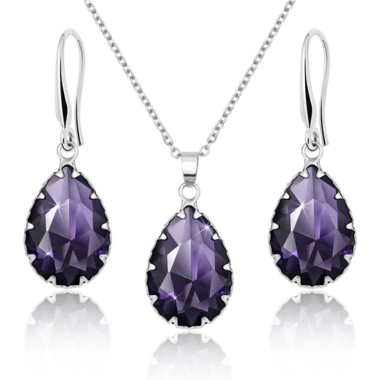 Linawe Amethyst Crystal Purple Pendant Necklace, Silver Jewelry Set, Lavender Imitation Diamond Rhinestone Dangle Earrings, Boho Wedding Jewelry Teardrop Cubic Zirconia Birthstone