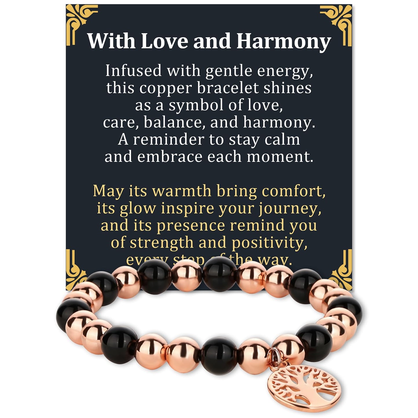 Fashtour Copper Beads Bracelet for Women and Men, Adjustable 99.99% Pure Copper Beads with 8mm Hematite Stones, Magnetic Beaded Jewelry Gift with Tree of Life Charm (8mm)