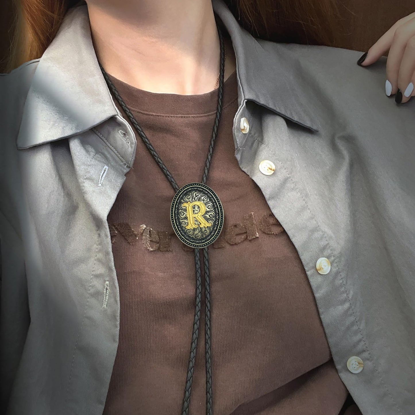 Sintcach Bolo Tie for Men Women, Western Cowboy Initial Letter Bolo Ties, Vintage Leather Necktie Western Accessories Cowboy Gifts, R