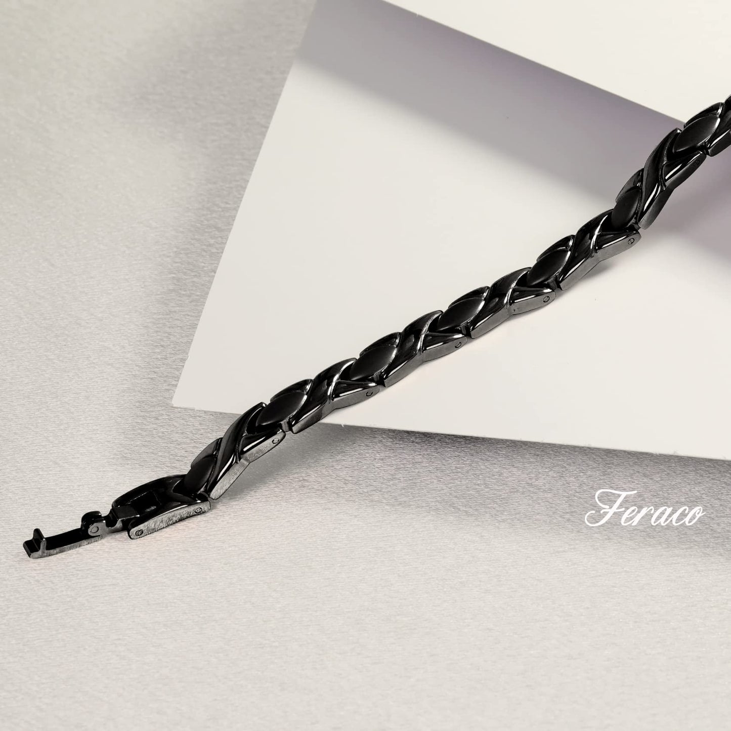 Feraco Magnetic Bracelet for Women Titanium Steel Magnetic Therapy Bracelet with Neodymium Magnets, Unique X Shape Links (Black)
