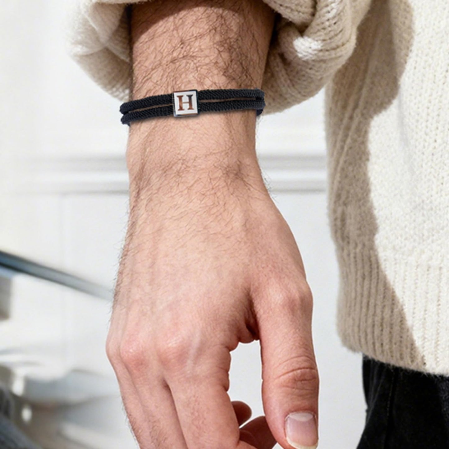 BHDJSHX Stainless Steel Initial Bracelet for Men - Adjustable Black Braided Cord with A-Z Letter (7-13 Inches) - Unisex Jewelry for Brothers, Son, Boyfriend, or Girlfriend(E)