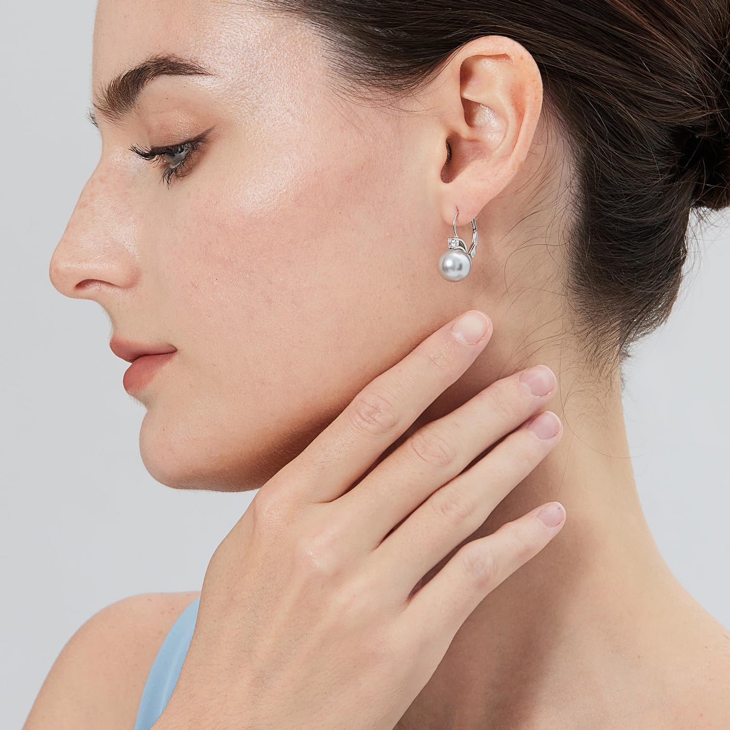Jiahanzb Pearl Dangle Drop Earring for Women Cubic Zirconia CZ Pearl Leverback Earring Sterling Silver Gray Dangling Earrings 10mm Jewelry