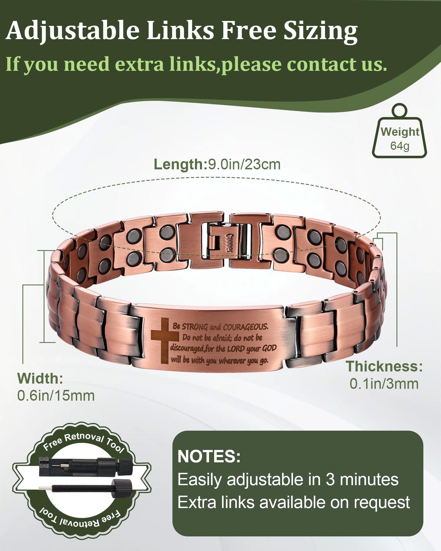 Fashtour Copper Cross Bracelet for Men - Ultra Strength Magnetic Mens Cross Jewelry Set - Adjustable Magnetic Bracelet with Sizing Tool Jewelry Box (Copper&Joshua 1:9)