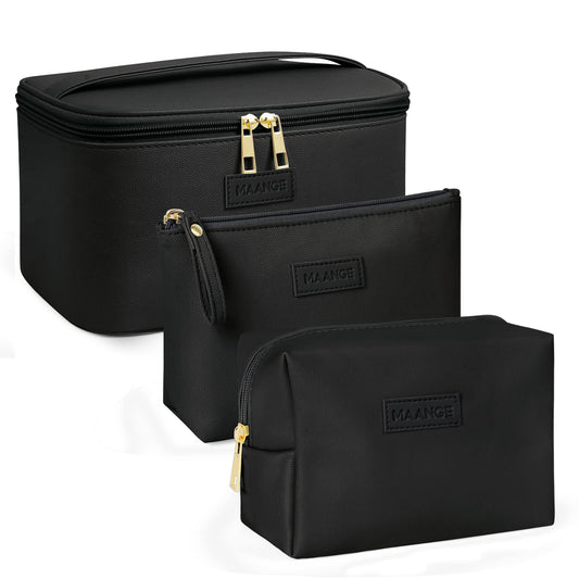 MAANGE Makeup Bag - Large Cosmetic Bag with 2pcs Small Makeup Bags Portable Leather Travel Makeup Bag Set Toiletry Bag Make Up Bags for Women and Girls (Black)