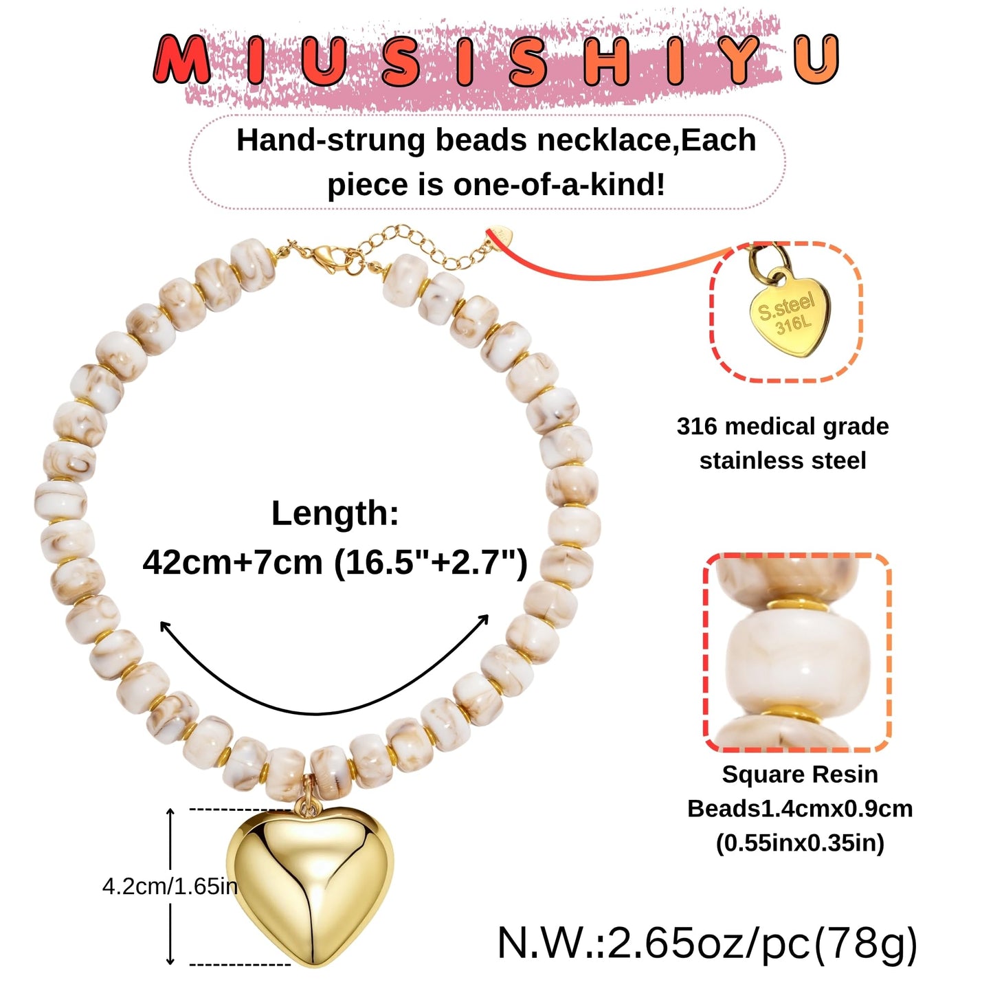 MIUSISHIYU Caramel Beige Faux Stone Resin Chunky Necklaces for Women, Trendy Beaded Puffy Gold Heart Pendant Statement Choker, Lightweight Boho Y2K Summer Beach Jewelry