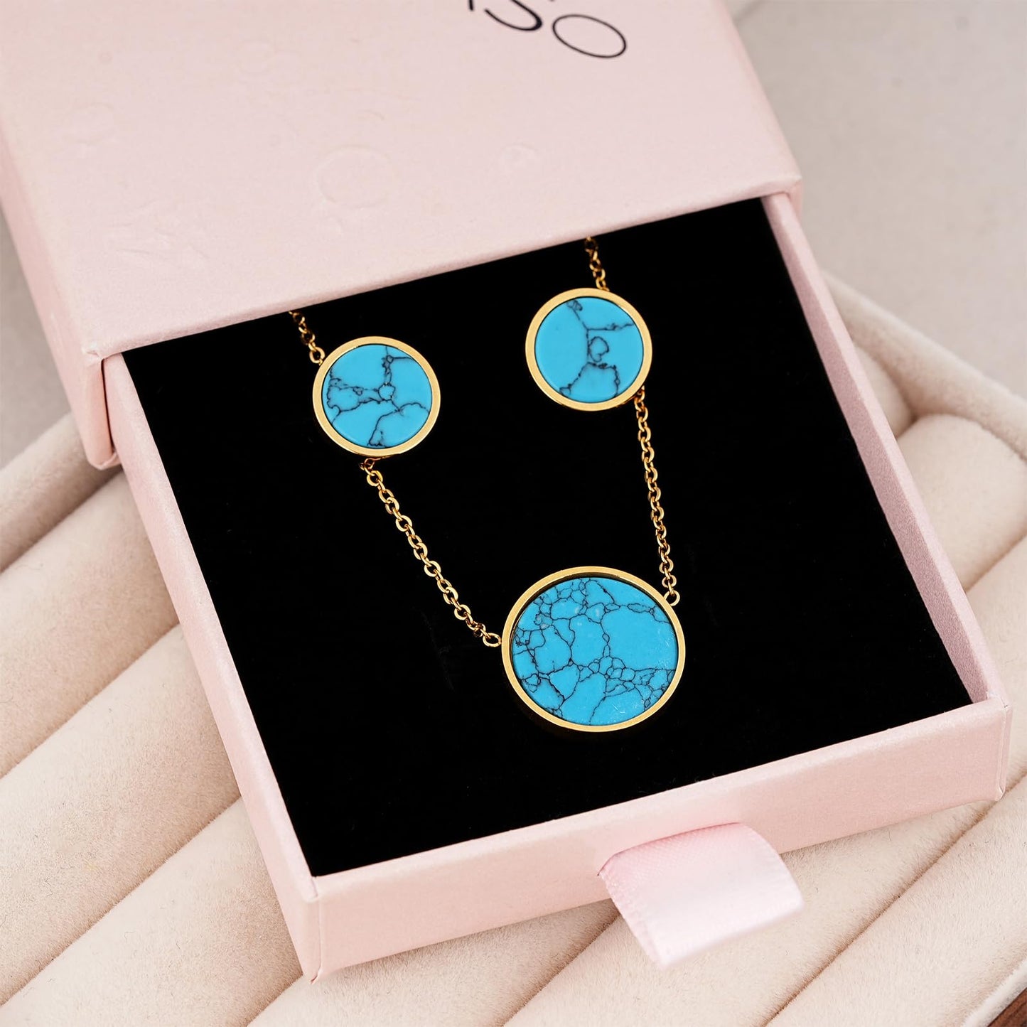 TaYolnFaSo Round Turquoise Jewelry Set for Women 18K Gold Plated Turquoise Necklace Studs Earrings Set Dainty Jewelry Gift