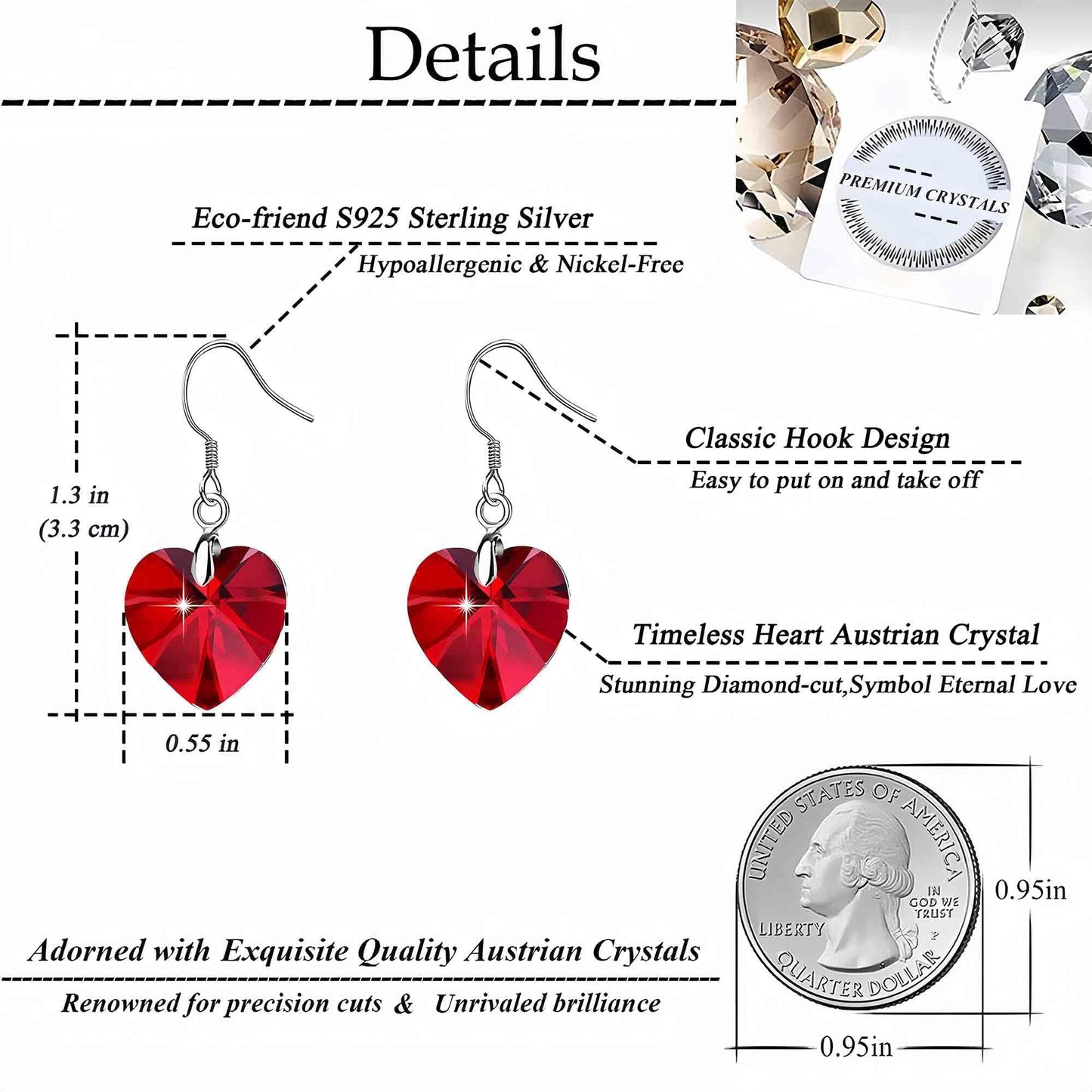Austrian Crystal Heart Drop Dangle Earrings for Women 925 Sterling Silver Hook Hypoallergenic Earring (Red)