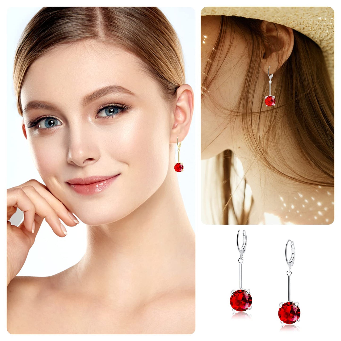 VONSSY Gemstone Drop Dangle Earrings | Platinum /Gold Plated Leverback Crystal Cubic Zirconia Hanging Red /Pink/Blue Earrings (Ruby Red-Platinum)
