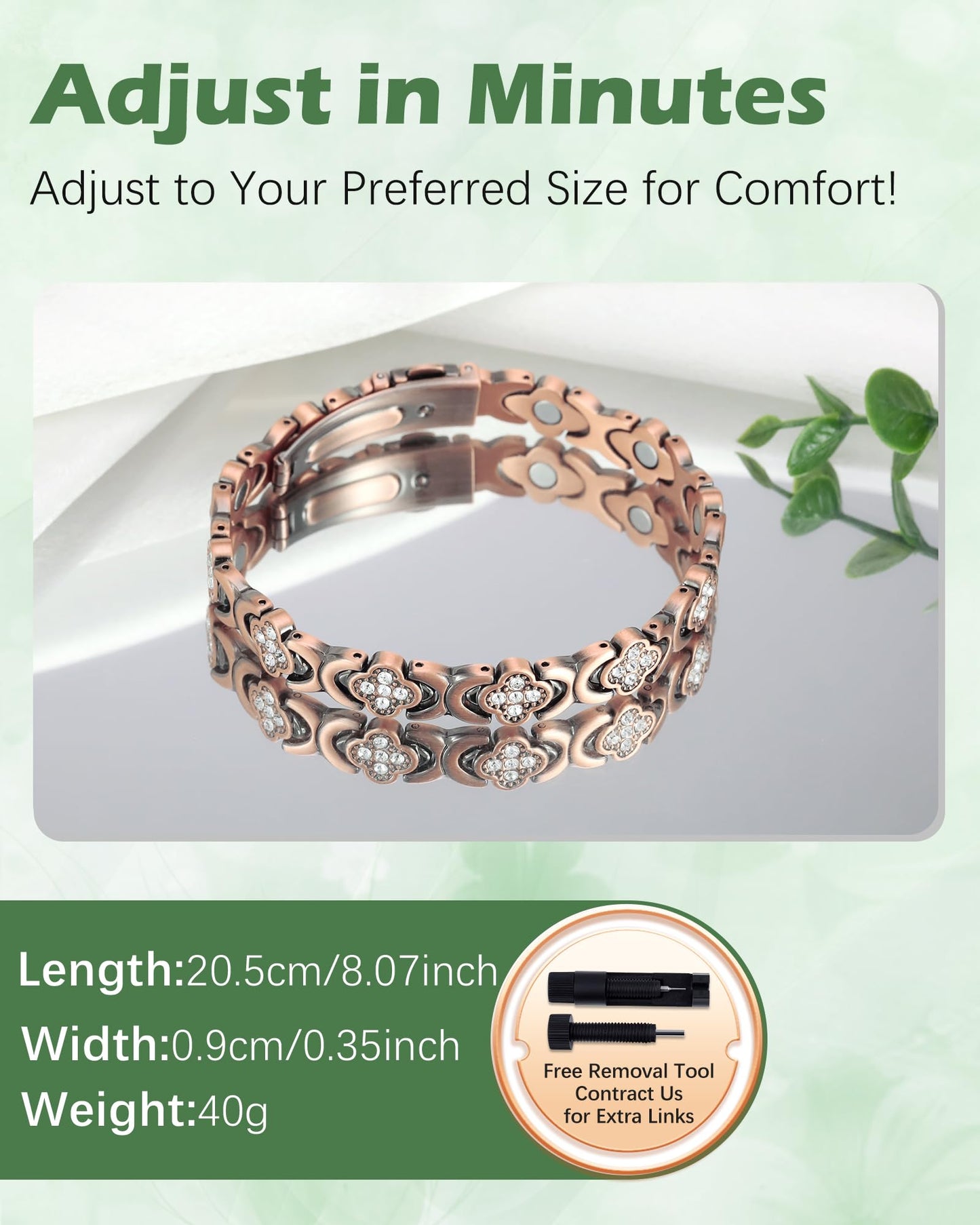 Jeracol 99% Pure Copper Bracelet, Copper Magnetic Bracelet & Ring for Women with Ultra Strength Neodymium Magnets, Clover Jewelry with Sparkling Cubic Zirconia