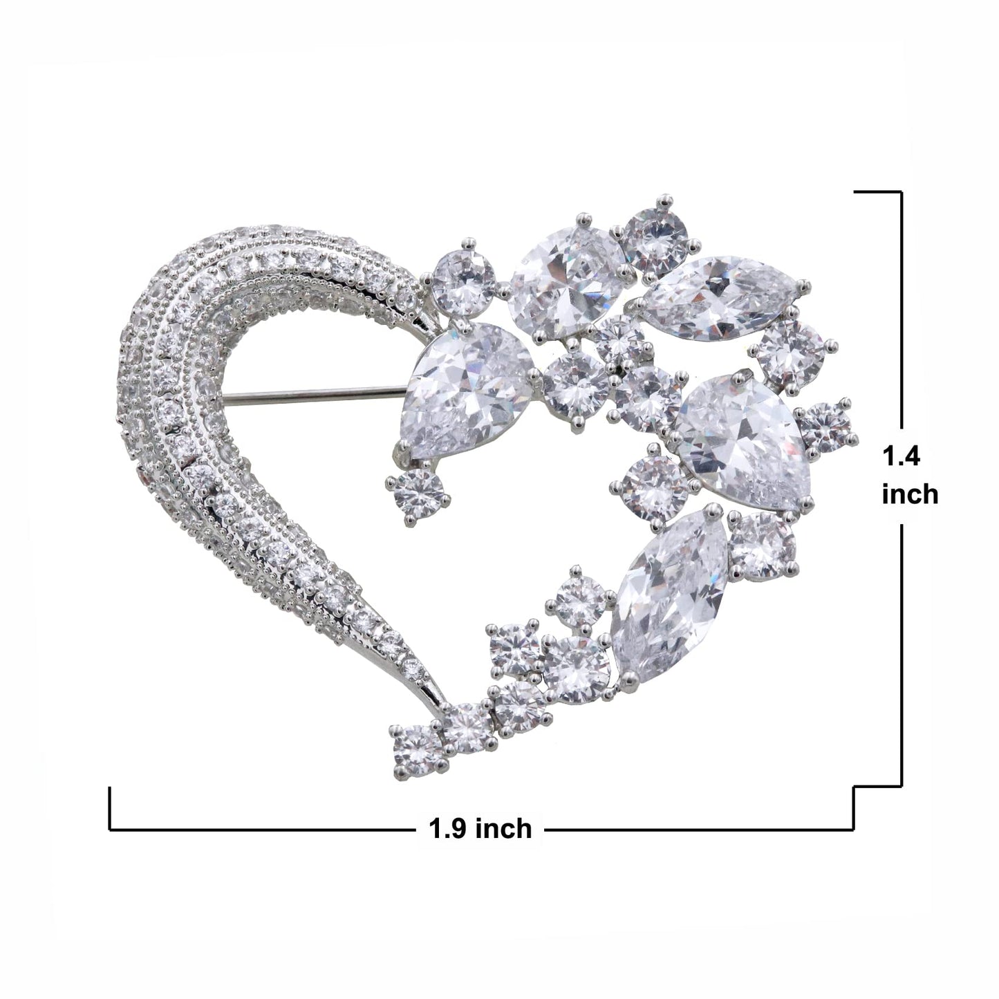Heart Brooch Pins for Women Fashion Valentine Love Sliver White Rhinestone Jewelry
